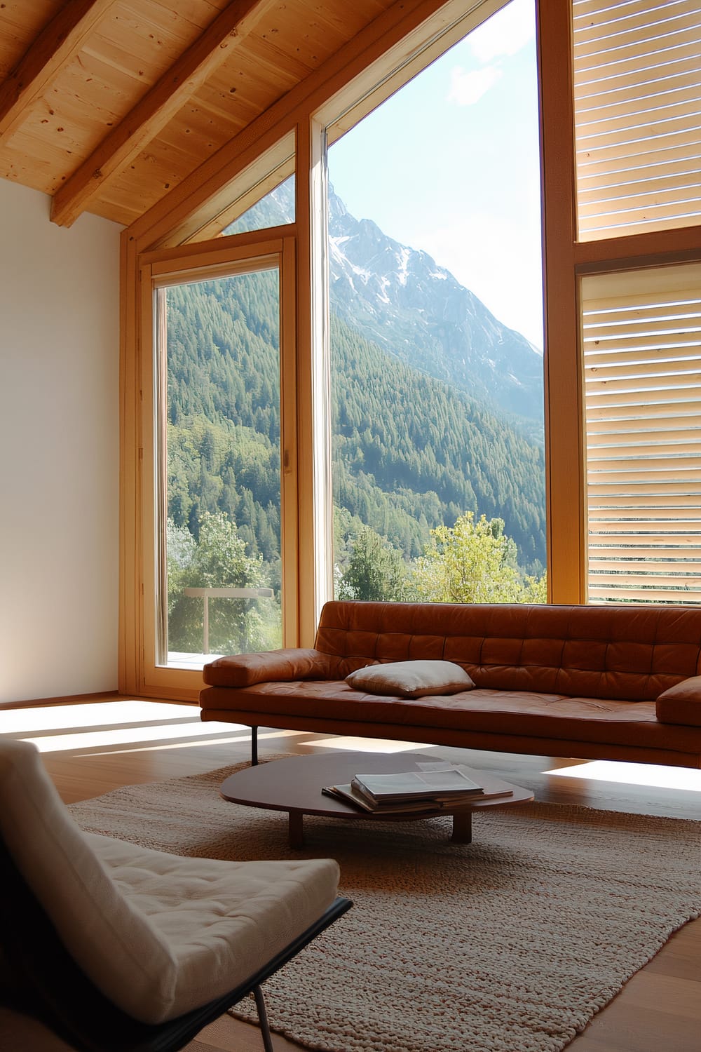 A Milanese living room inspired by the Alps, featuring a brown leather couch, a minimalist coffee table, and a modern chair. High, slatted wood accents on the walls and large windows with natural light highlight the airy and uncluttered feel. Outside, a scenic view of forested mountains is visible.