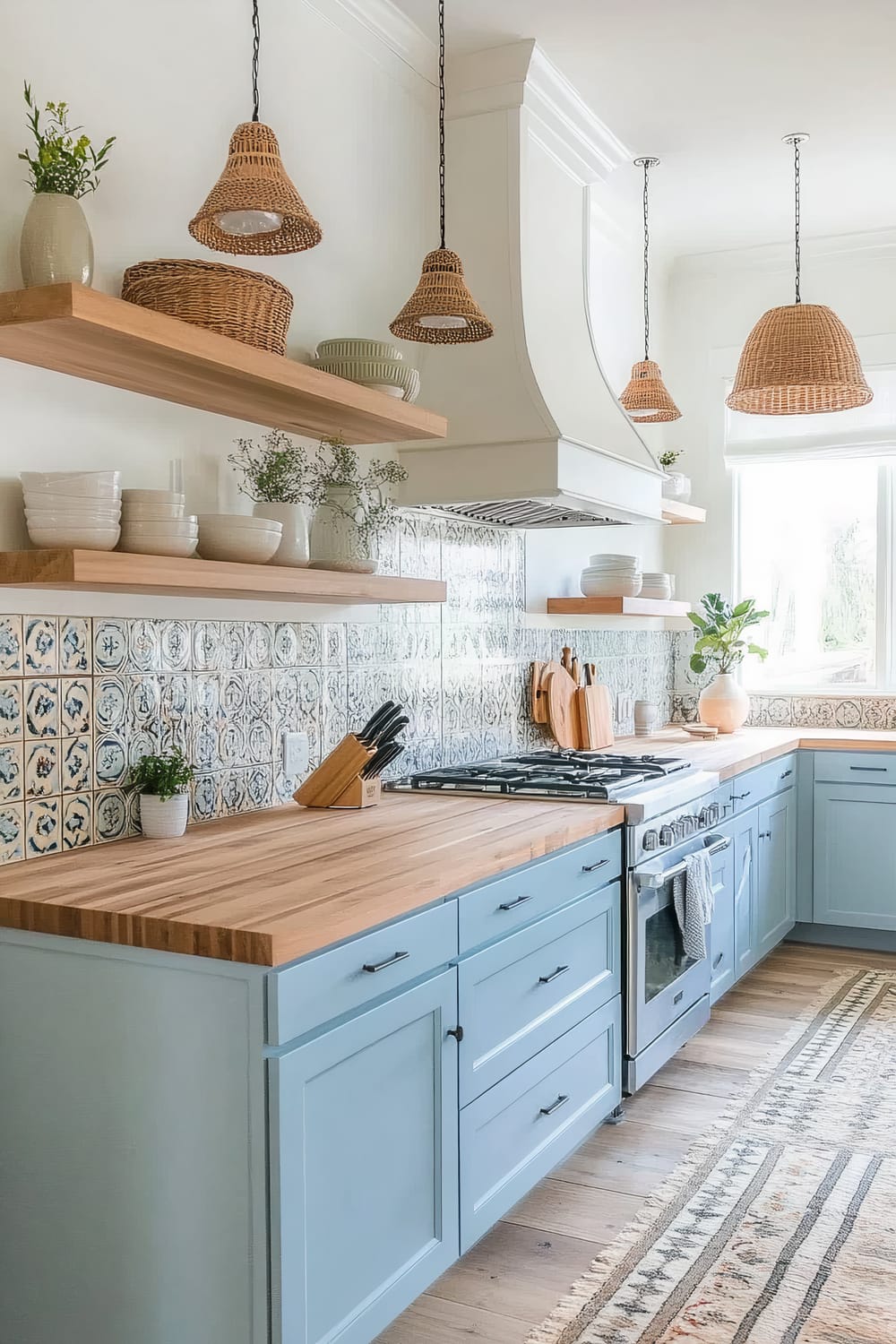 A bright and airy kitchen with sky blue cabinets and light wood countertops. The backsplash features a mosaic of white and blue patterned tiles. Open wooden shelves above the countertops display ceramic bowls, plates, and small potted plants. Three hanging wicker pendant lights add a rustic touch to the space. A large window brings in plenty of natural light, illuminating the wooden floor and a patterned rug beneath the cabinets.