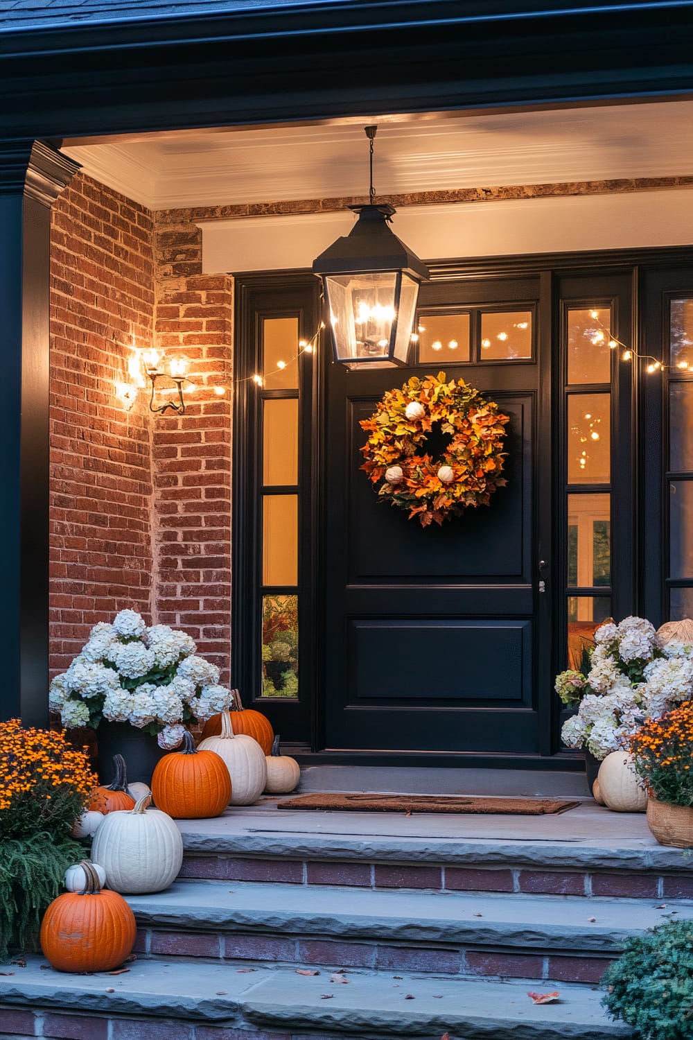 A front porch decorated for autumn with a combination of pumpkins, flowers, and a wreath. The house has a black door with adjacent glass panels, and a large black lantern light fixture hangs from the ceiling. String lights are draped across the entrance, and the door is adorned with a wreath made of fall leaves and small pumpkins. The brick walls are complemented by various orange and white pumpkins arranged on the steps, along with white hydrangea flowers in pots on either side of the entrance.