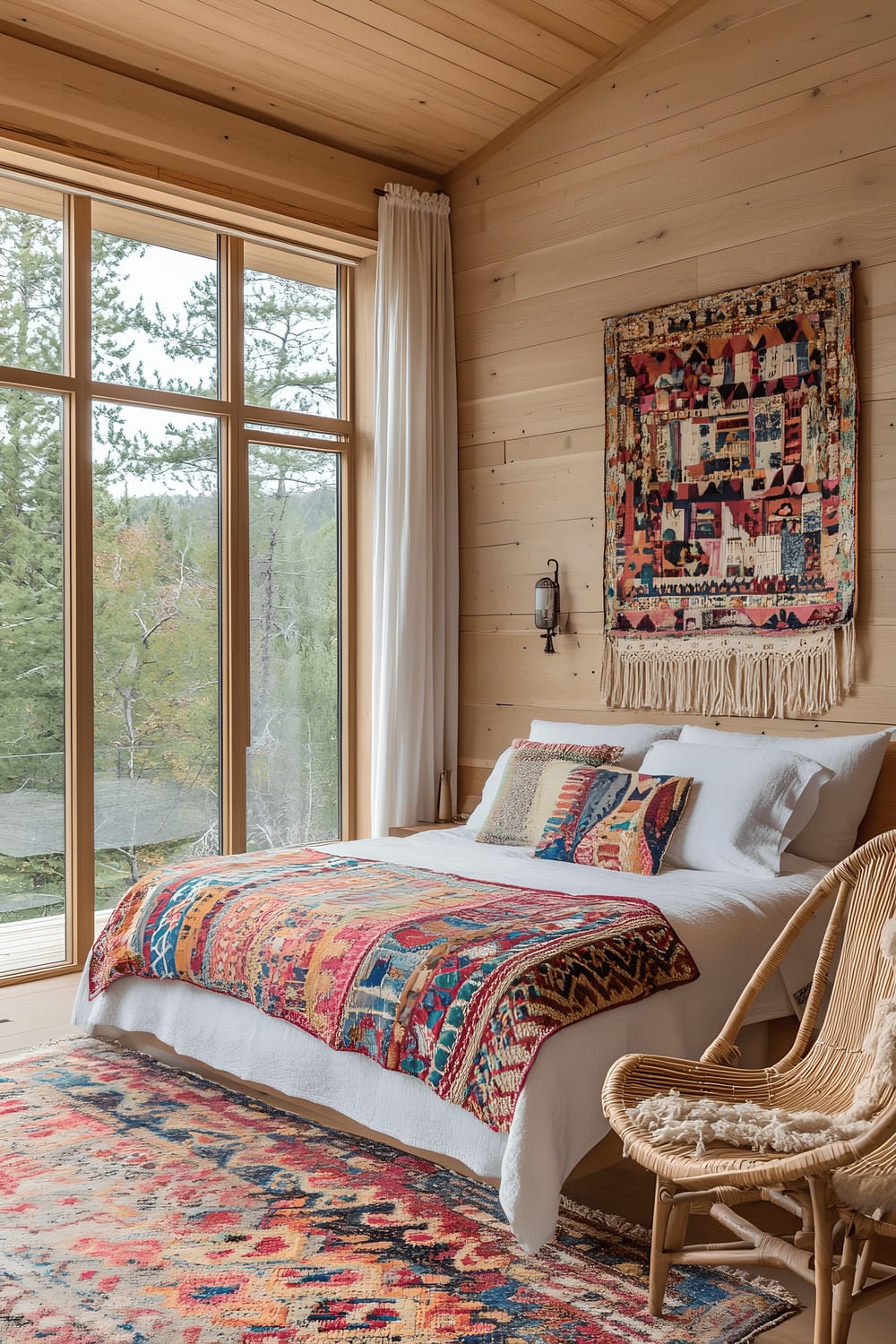 A light-filled bedroom that has a harmonious blend of Scandinavian and bohemian styles. A white bed with bright multi-coloured quilts is placed against one wall. Hanging above the bed is macramé wall art. To the side of the bed, there's a woven chair with tasseled cushions. Light wooden furniture, including a shelf and a bedside table, are arranged around the room. Large glass windows allow natural light to stream in.