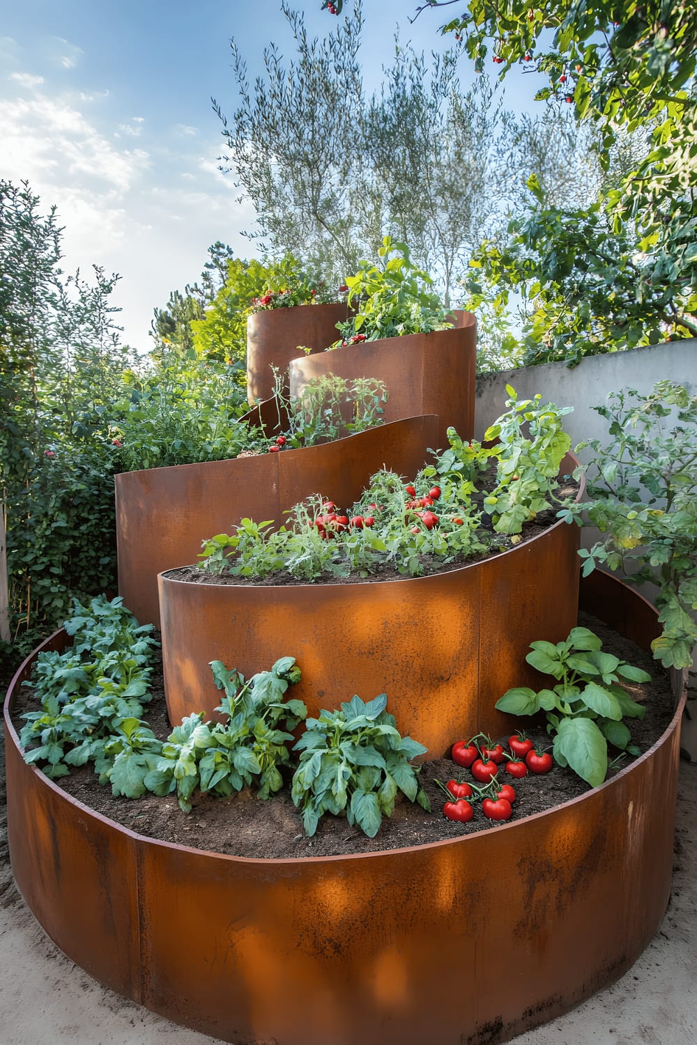 A compact and organized backyard garden with multiple raised wooden beds filled with robust tomato plants, lush basil, and ripe strawberries. The vibrant green foliage stands out against the neatly raked brown soil, and a glimpse of the house's exterior wall and back door are visible in the background.