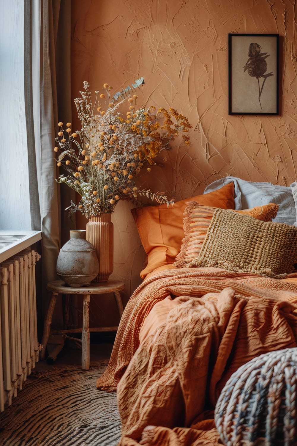 A cozy bedroom corner featuring a textured, orange-hued plaster wall. The bed is adorned with vibrant orange bedding and a variety of textured pillows in shades of orange and beige. A rustic side table by the bed holds a ceramic vase with dried flowers and another ceramic pot, complementing the earthy tones of the room. Soft natural light streams in through the window, highlighted by light curtains. The flooring is a patterned rug in muted tones.