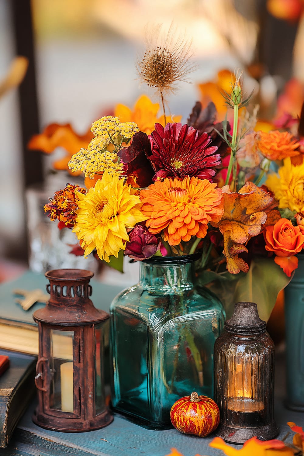 A close-up image of a fall-themed arrangement featuring a vibrant bouquet of red, yellow, and orange flowers in a blue glass vase. Around the vase are rustic metal lanterns, a small decorative pumpkin, and an antique book. The background is softly blurred, giving an impression of a warm, autumnal setting.