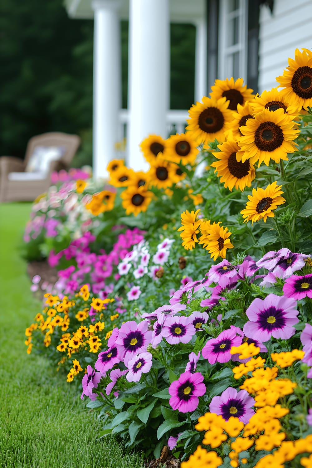 A lively display of a spring garden in front of a white house, featuring sunflowers, petunias, and asters in bold, bright colors such as yellow, pink, and purple. The vibrant flower bed is bordered by a well-maintained green lawn and a cozy porch with a wicker chair and decorative pillow is seen in the background.