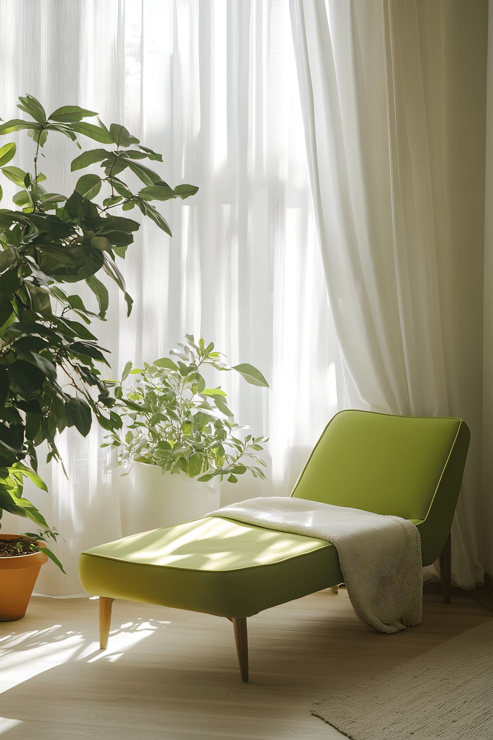 The image is a front view of a serene lounge area soaked in ample sunlight, dominating its open floor concept. An inviting lime green chaise lounge is the major piece of furniture in the room, strategically placed on light oak wood flooring. To the side, large lush leafy plants housed in bold blue ceramic pots add a fresh breath of life to the décor. Sheer white drapes hanging from the ceiling to the floor on a large window cast beautiful, soft shadows across the room, lending an overall tranquil aesthetic.