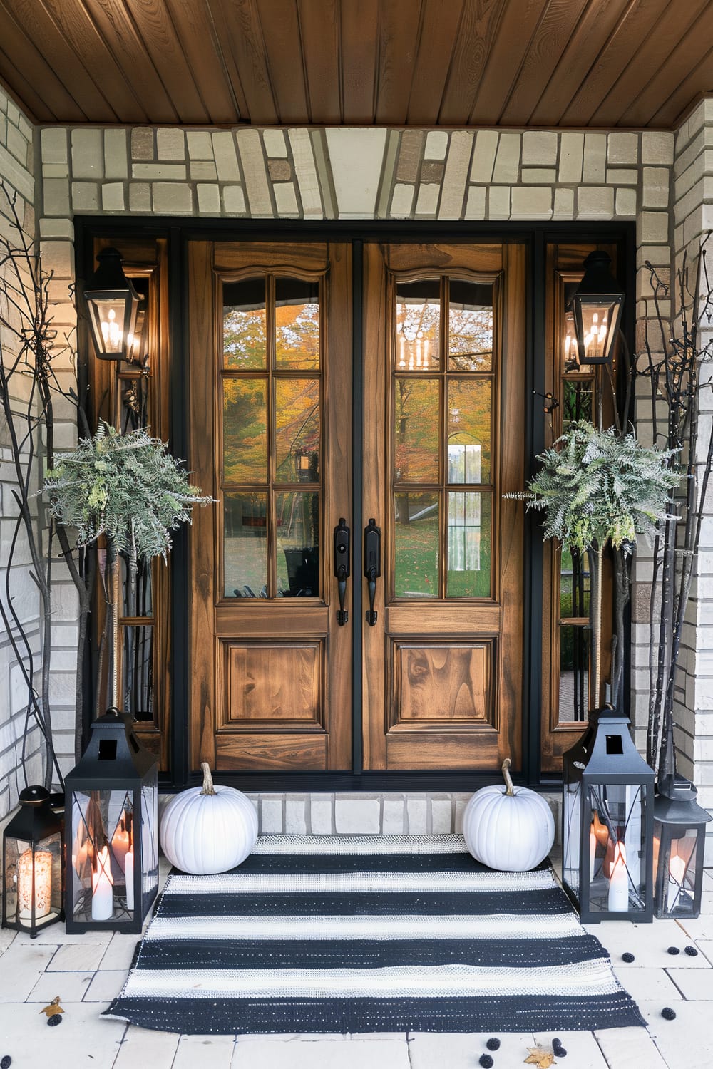 A tastefully decorated front porch features double wooden doors with glass panes framed by stone brickwork. Two black lantern-style wall sconces with candles hang on either side of the doors, and symmetrical topiaries in metal planters add greenery. White pumpkins are placed beside large, black lanterns with candles on the floor. A black and white striped rug completes the scene.