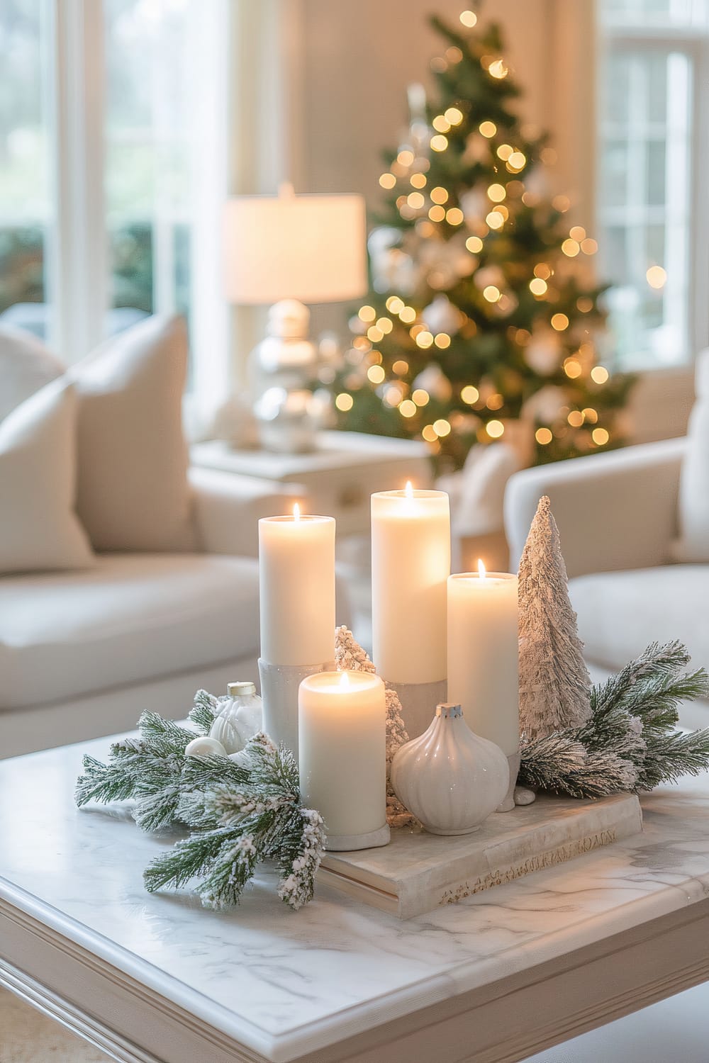 A sophisticated living room decorated for the holidays, featuring a marble coffee table with white ceramic candle holders and small Christmas accents like frosted pine branches and ornaments. Soft ambient lighting adds to the elegant Christmas atmosphere, with a blurred Christmas tree adorned with lights and ornaments in the background.