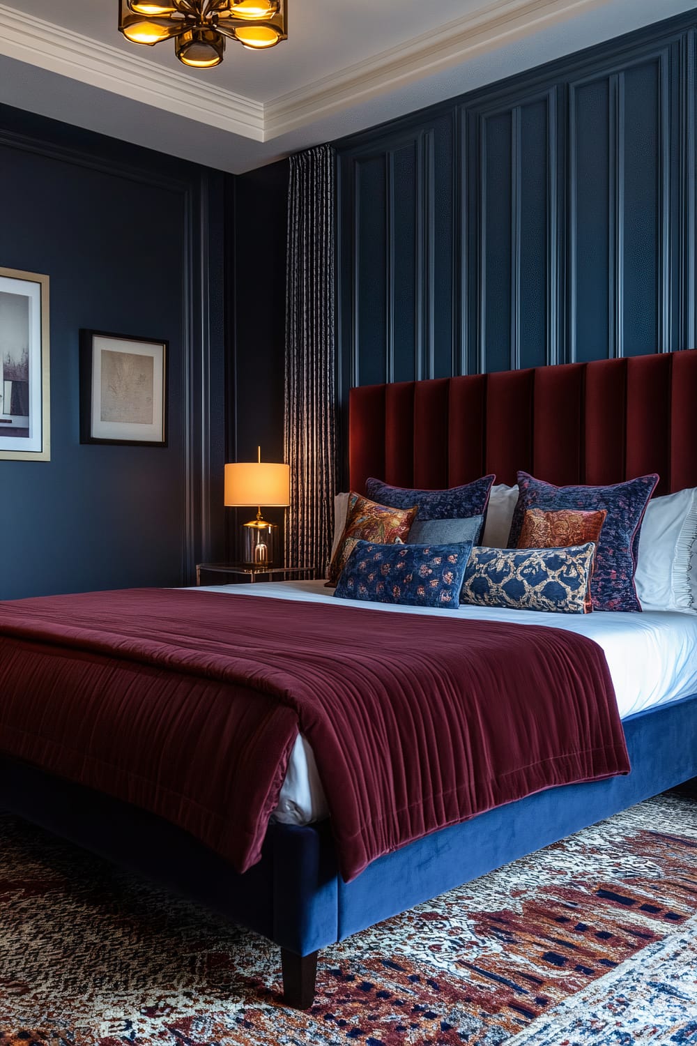 A bedroom with a luxurious, sophisticated design featuring dark blue paneled walls and a large bed. The bed has a tall, plush burgundy headboard and is adorned with a mix of patterned and solid cushions in shades of blue and burgundy. The bedspread is deep burgundy, and the bed frame is upholstered in blue. A nightstand with a lamp and an artwork hanging on the wall add elegant touches.