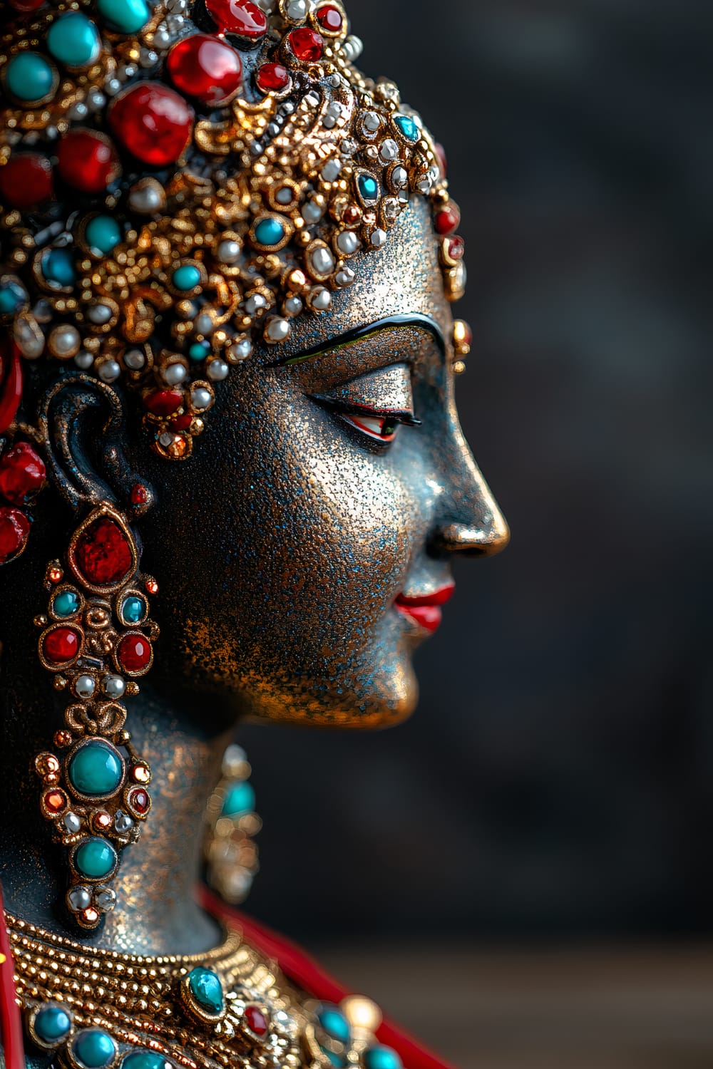 A close-up profile image of a handcrafted antique Indian goddess figurine adorned with intricate gold and red beadwork. The figurine showcases delicate jewelry and flowing garments, with shimmering glass beads in vibrant colors of red, gold, and turquoise enhancing her serene expression. Placed on a minimalist wooden shelf against a dark, blurred background, the ambient lighting highlights the figurine's detailed craftsmanship, making the beads glow softly.