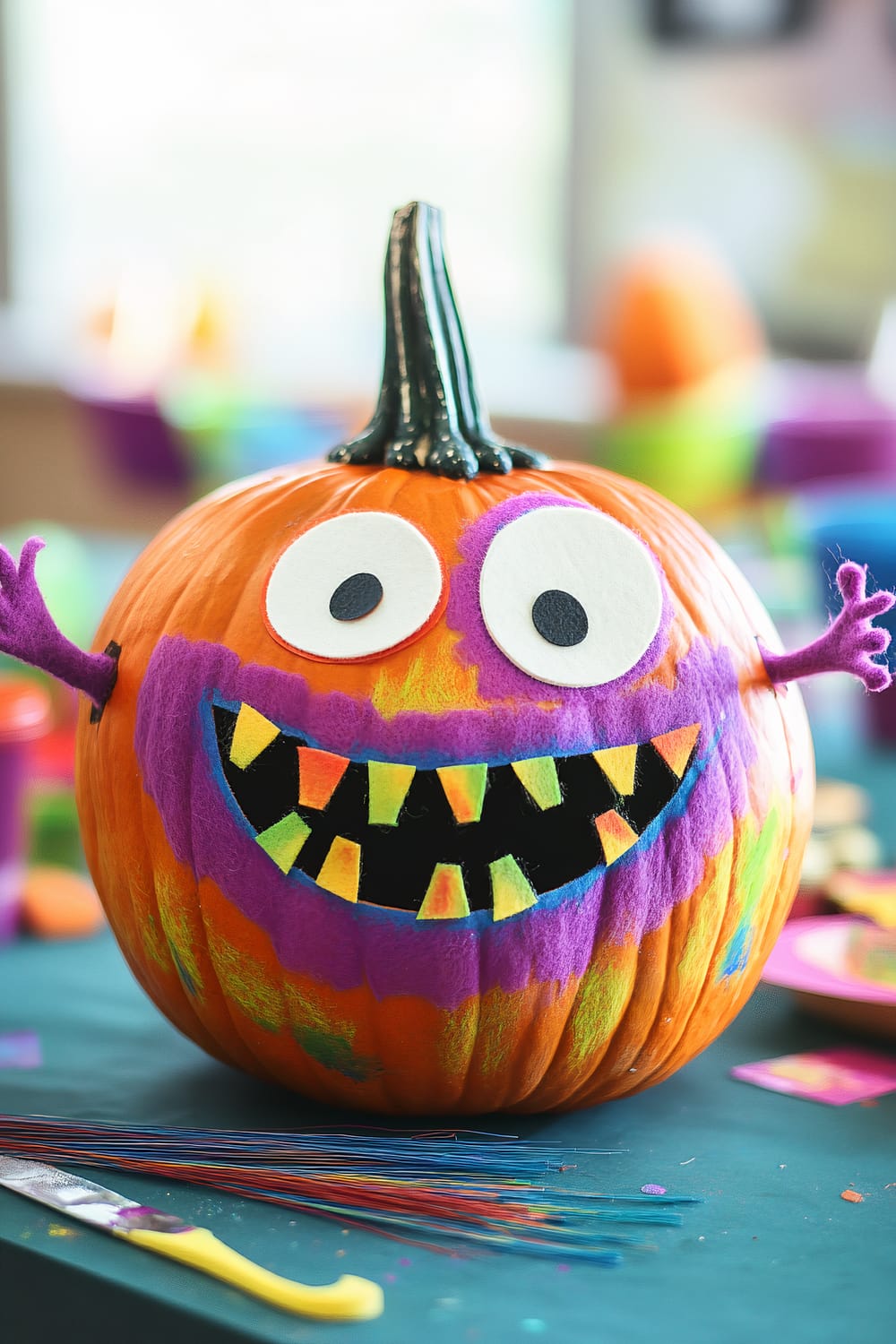 A creatively decorated Halloween pumpkin features a stylized, colorful monster face. The pumpkin is adorned with white, round eyes that have black pupils, large purple felt eyebrows, and a wide black mouth with yellow and orange felt teeth. Purple felt pieces are also used to make arms that extend outwards. The setting includes a backdrop of craft supplies and colorful decorations, indicating a festive and playful environment, possibly a craft activity setting.