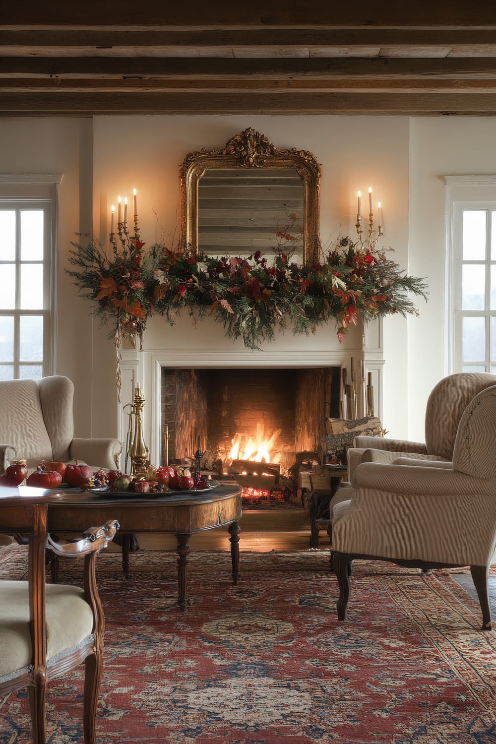 A quaint, warmly-lit living room showcasing a traditional fireplace adorned with an ornate gold-framed mirror and lush, seasonal greenery garland with red and orange accents. Twin candelabras with lit candles flank the mirror, adding an elegant touch. Two high-back armchairs upholstered in a light fabric are positioned on either side of the fireplace. A wooden coffee table in front of the fireplace displays a centerpiece of red apples and pomegranates. The room features a richly patterned, vintage-style rug and exposed wooden ceiling beams, enhancing the cozy ambiance.