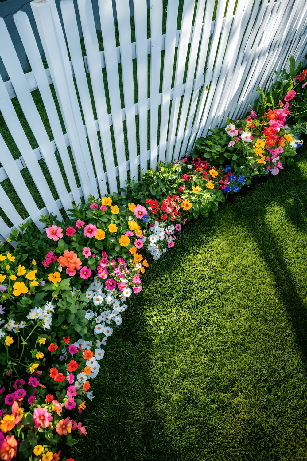 A top view of a vibrant, well-maintained backyard with an array of colorful flowers growing along a white wooden fence. The lawn is vividly green, contrasting the white fence and bringing out the multi-hued blooms. The entire scene is bathed in bright, natural light, highlighting the neat garden design.