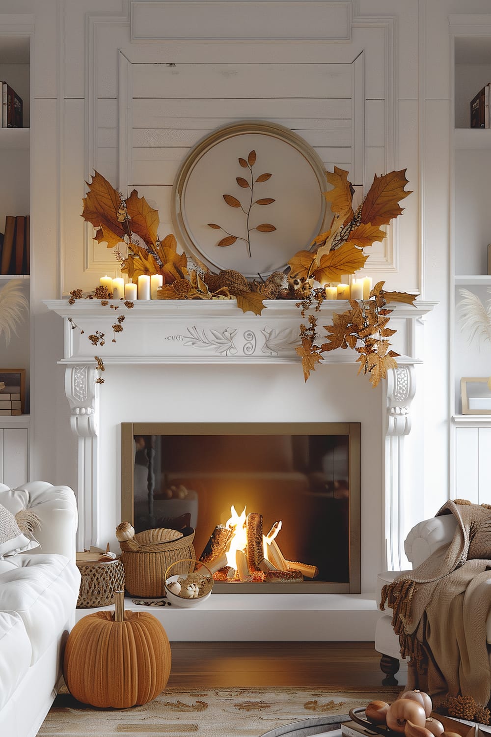 This image showcases an elegant living room with a beautifully decorated mantel over a fireplace. The mantel is adorned with autumn foliage, candles, and a circular wall hanging featuring an abstract leaf design. The room is decorated for fall with a pumpkin, a woven basket, and comfortable seating draped with a blanket. The vibrant fire adds a warm glow to the space.