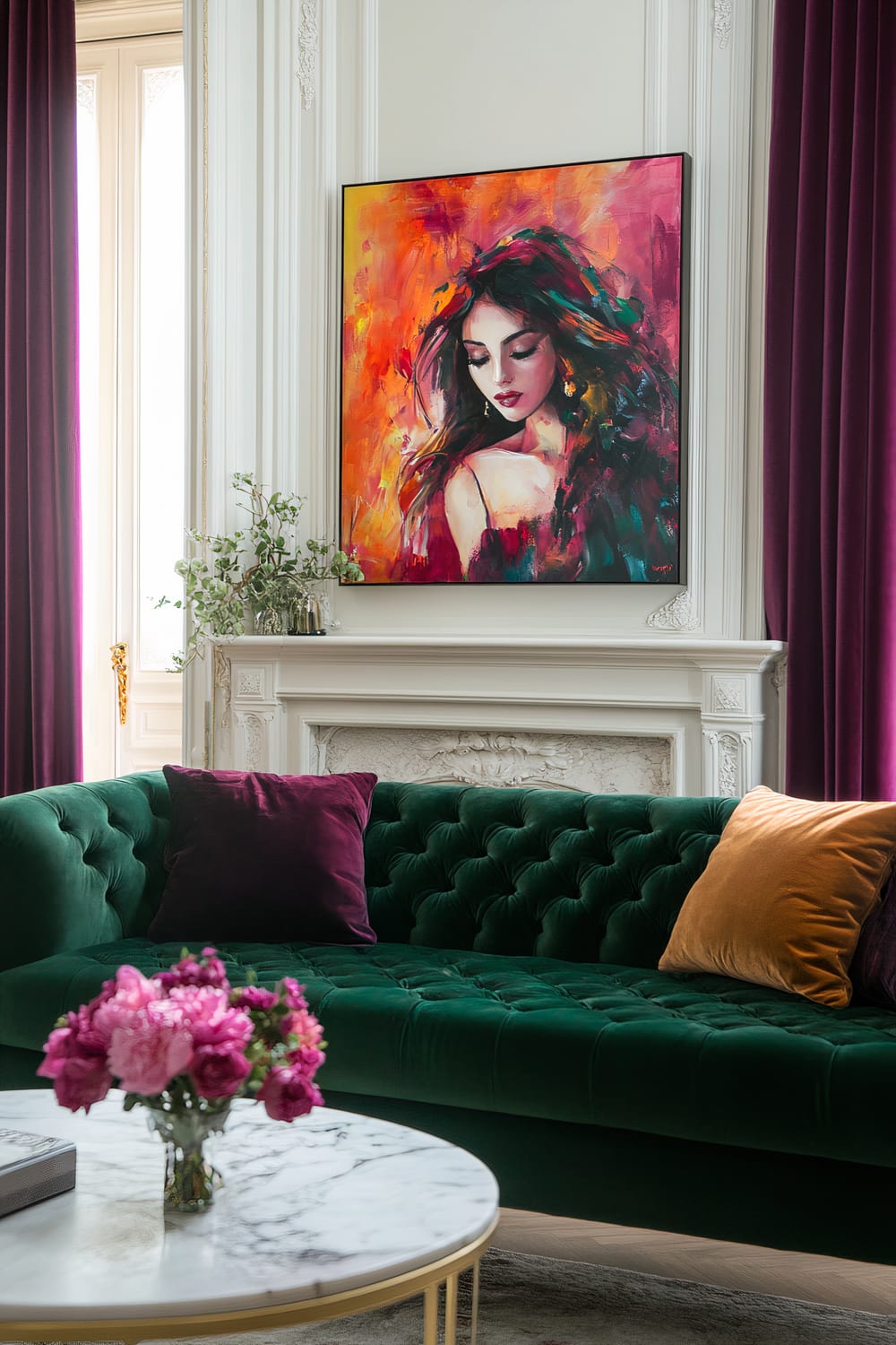 A Parisian-inspired living room featuring a deep emerald green tufted velvet sofa adorned with plum and gold throw pillows. Above a white marble fireplace hangs a bold, colorful painting of a woman in red, orange, and pink tones. The space includes plum curtains, cream walls, and a marble-topped coffee table with brass legs. A vase of fresh pink flowers sits on the coffee table, adding warmth to the room.