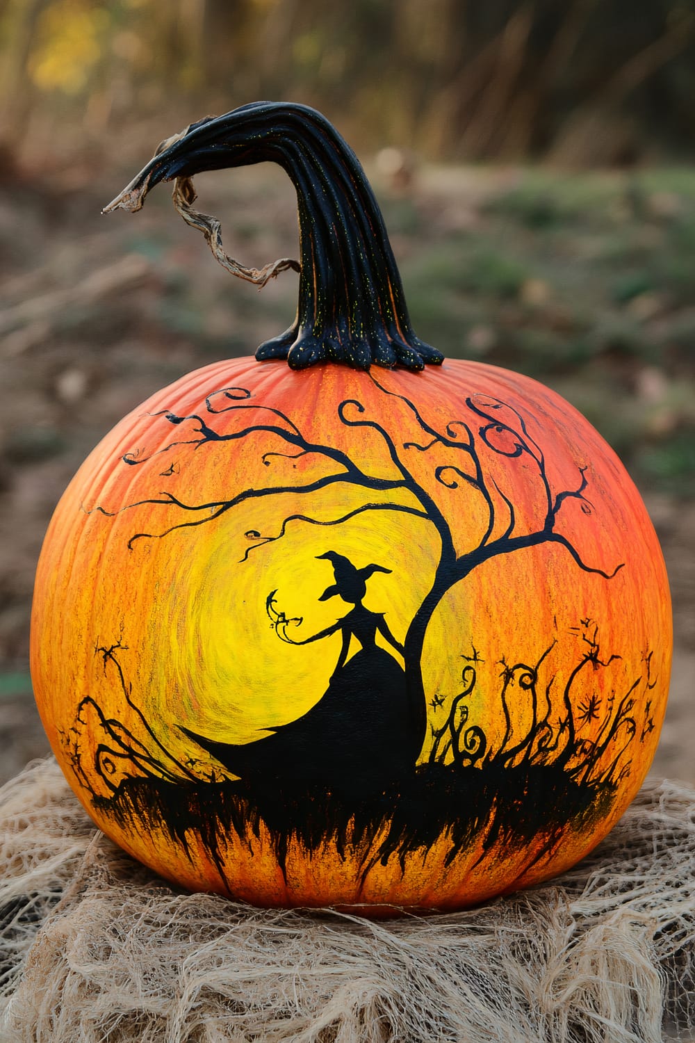 A painted pumpkin with a vivid Halloween theme. The pumpkin's design showcases a silhouette of a witch in a pointed hat holding a wand, standing underneath a bare tree with twisting branches. The background features an intense yellow and orange sunset or full moon. The pumpkin stem is dark, twisting upwards.