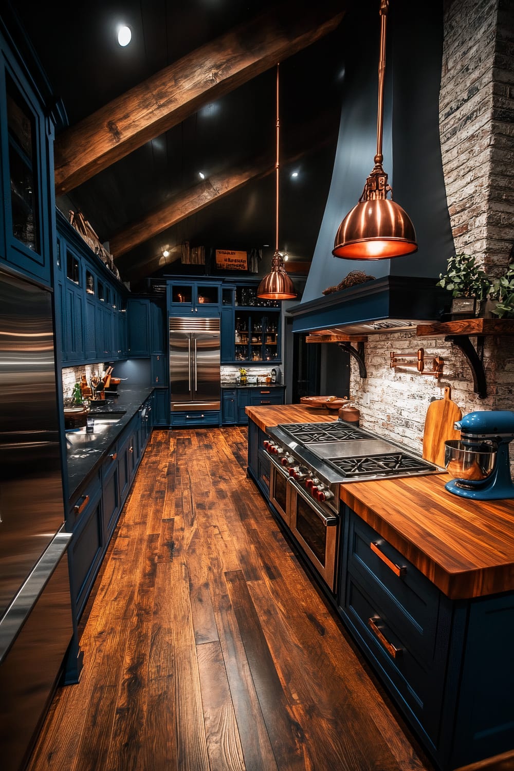 A dramatic farmhouse kitchen with deep navy blue cabinetry, matte black countertops, and copper pendant lights hanging over a central island. It features a stainless steel range with vintage knobs, a built-in espresso machine on a rustic wooden shelf, and a stainless steel refrigerator seamlessly integrated into the cabinetry. The kitchen also showcases rich textures like reclaimed wood flooring and exposed brick walls.