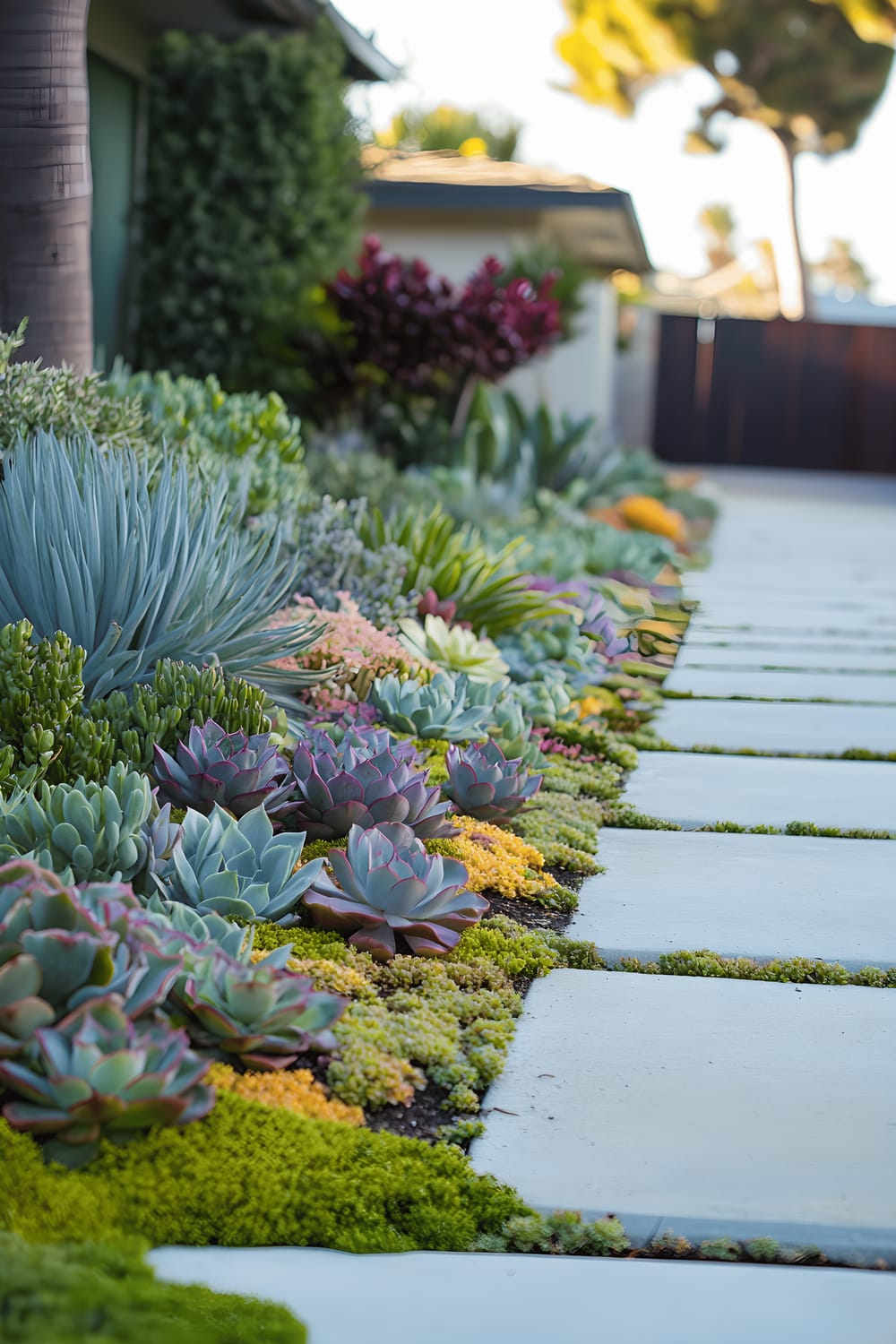 A modern garden design utilizing a grid-patterned driveway made of concrete pavers separated by colorful succulents that possess varying shapes, including rosettes and moss, in addition to ornamental grasses, trailing plants, and flowering accents. The image exudes a low-maintenance and eco-friendly vibe in an aesthetically pleasing setting.