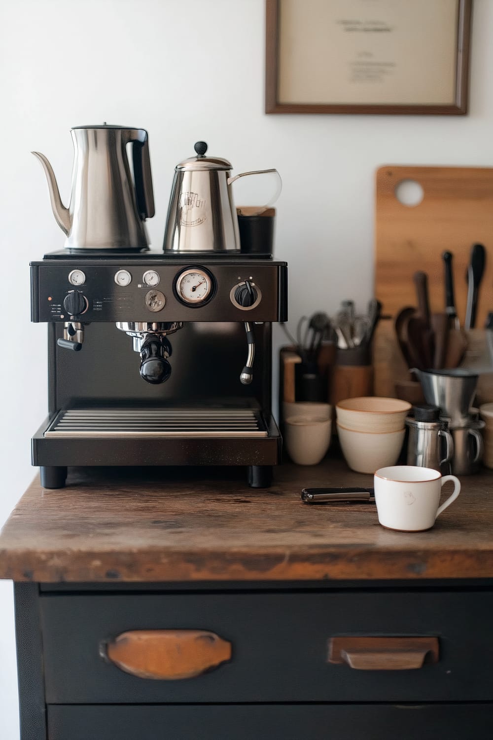 A sleek, black espresso machine sits on a rustic wooden countertop, with stainless steel kettles and a milk frother on top, and a white ceramic cup in front. A wooden cutting board, framed picture, and some utensils are visible in the background.