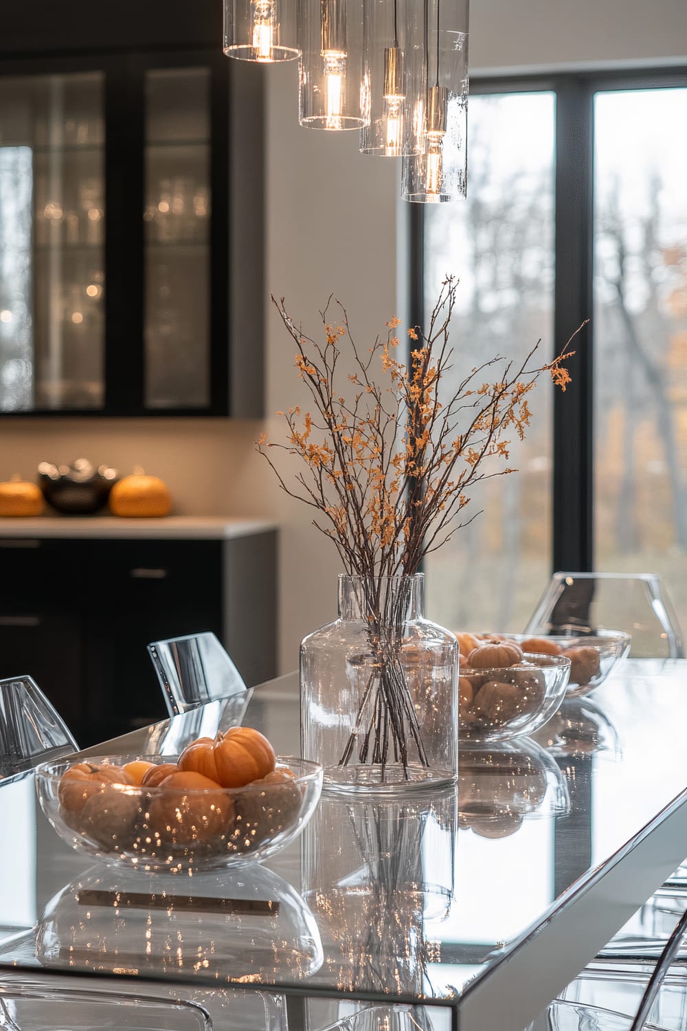 A modern dining table setting with a glass-top surface, featuring a clear glass vase with dried twigs and small orange flowers as the centerpiece. Bowls of small pumpkins and decorative gourds are placed on the table. Overhead, there are stylish pendant lights with clear cylindrical shades, casting a warm glow. The background shows a sleek kitchen area with black cabinets and a countertop adorned with more decorative pumpkins, next to large windows that offer a view of a wintery, leafless forest.