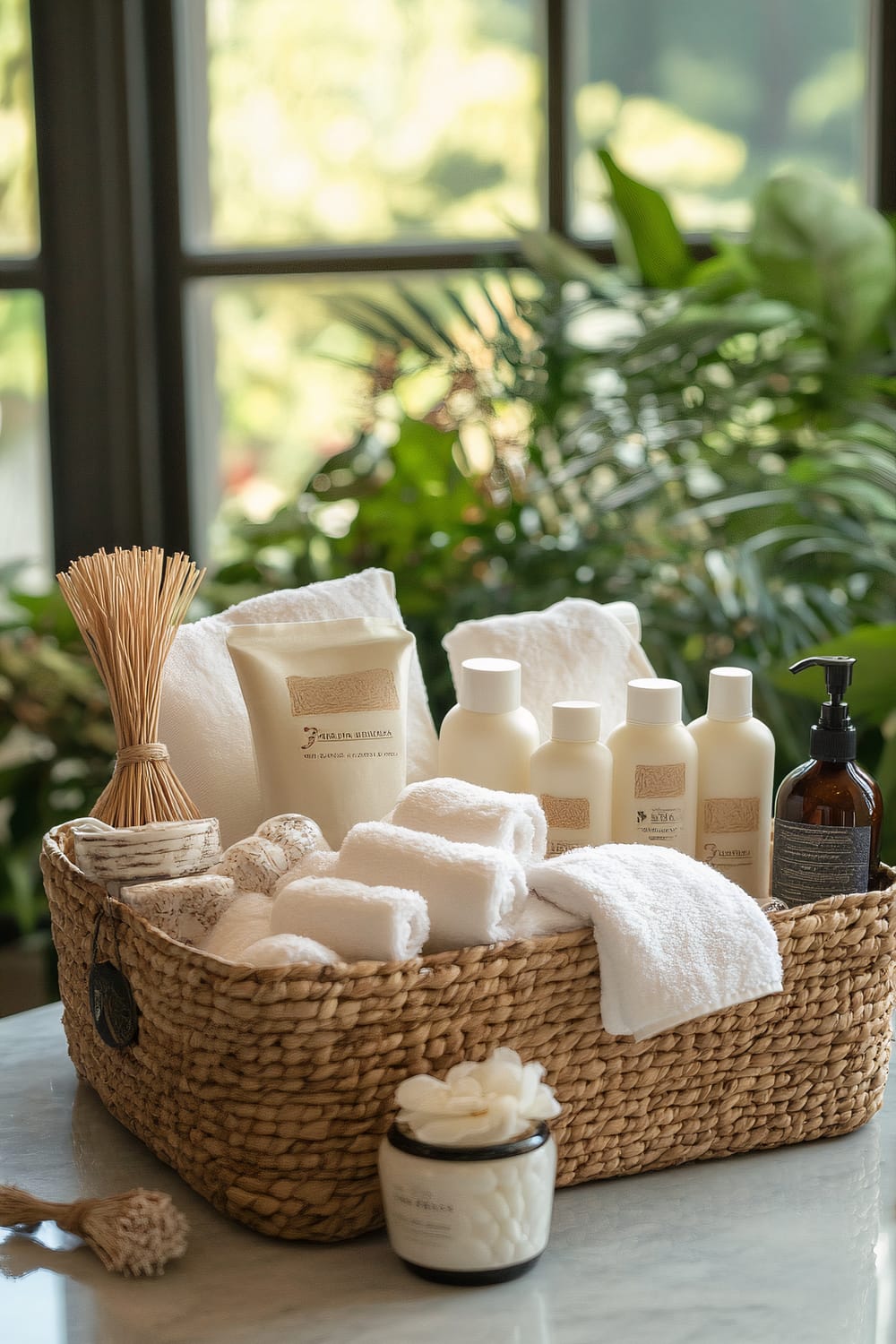 A natural woven basket sits on a marble countertop, filled with various spa essentials. The basket contains neatly rolled white towels, bottles of lotions, creams, and body washes with minimalist labels. A soft bristle brush and a reed diffuser are also tucked among the contents. A white ceramic jar with a flower-like lid sits beside the basket, along with a small knotted rope accessory. Lush green foliage is visible in the background through large windows, contributing to the serene ambiance.