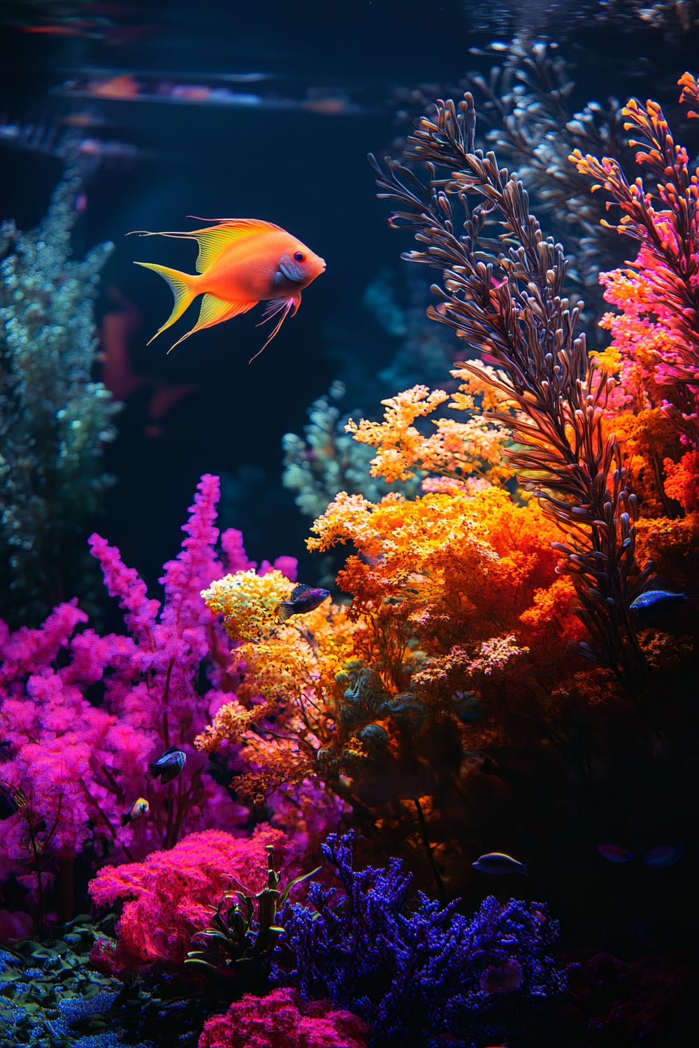 An underwater aquarium scene featuring a vivid array of colors. The central focus is a bright orange fish swimming amidst coral formations illuminated with gradients of pink, orange, purple, and deep blue, creating a warm sunset-like glow. The corals are finely detailed, with textures that imbue a rich, immersive experience. The background is dark, enhancing the vibrancy of the front-lit corals and the fish. Smaller fish are also visible, swimming around the intricate coral structures, adding life and dynamism to the scene.