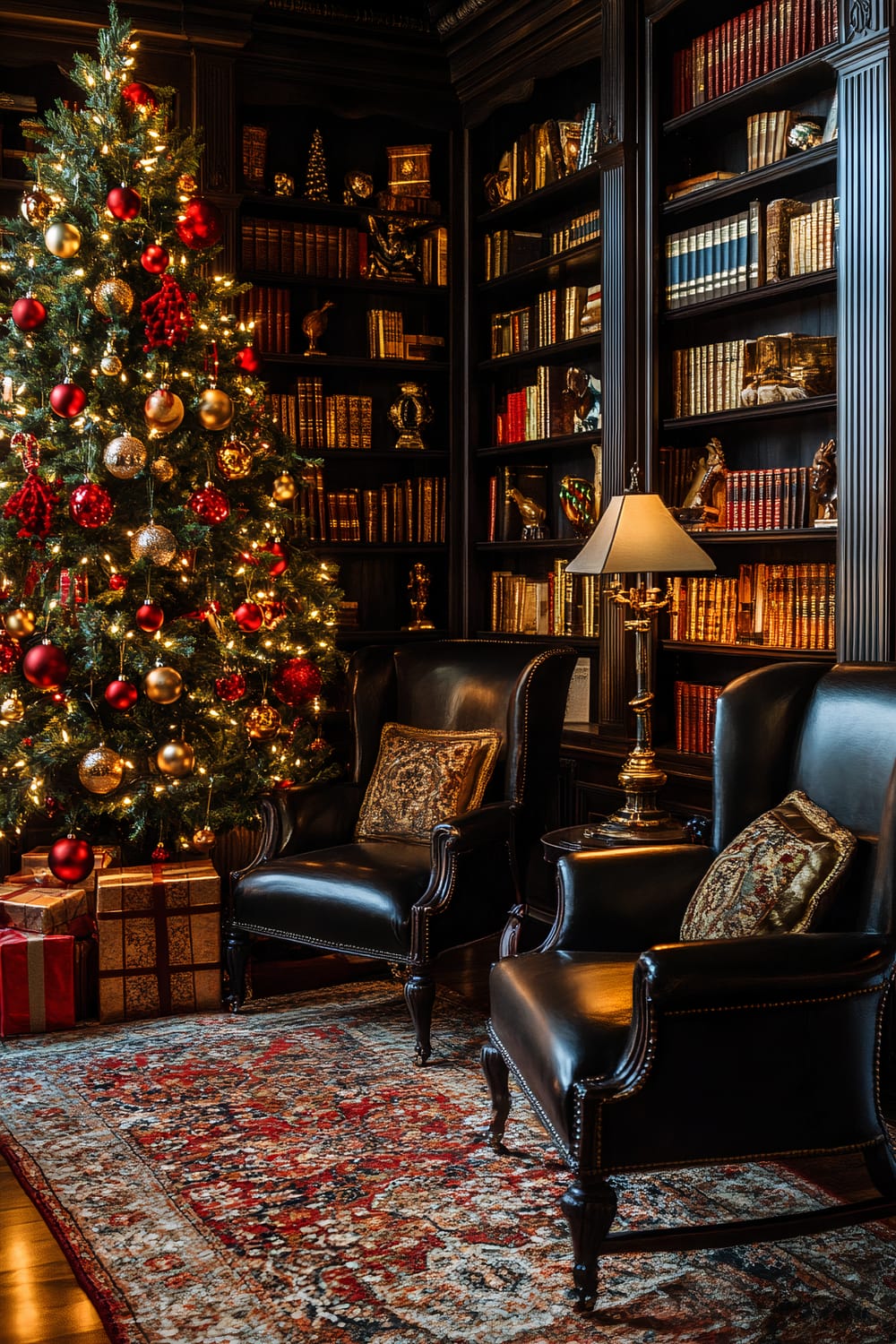 A vintage library room decorated for Christmas, featuring a tall Christmas tree with gold and red ornaments, classic leather armchairs adorned with patterned cushions, rich wooden bookshelves filled with books and decorative items, and a warm reading lamp on a side table, creating a cozy and luxurious holiday ambiance.