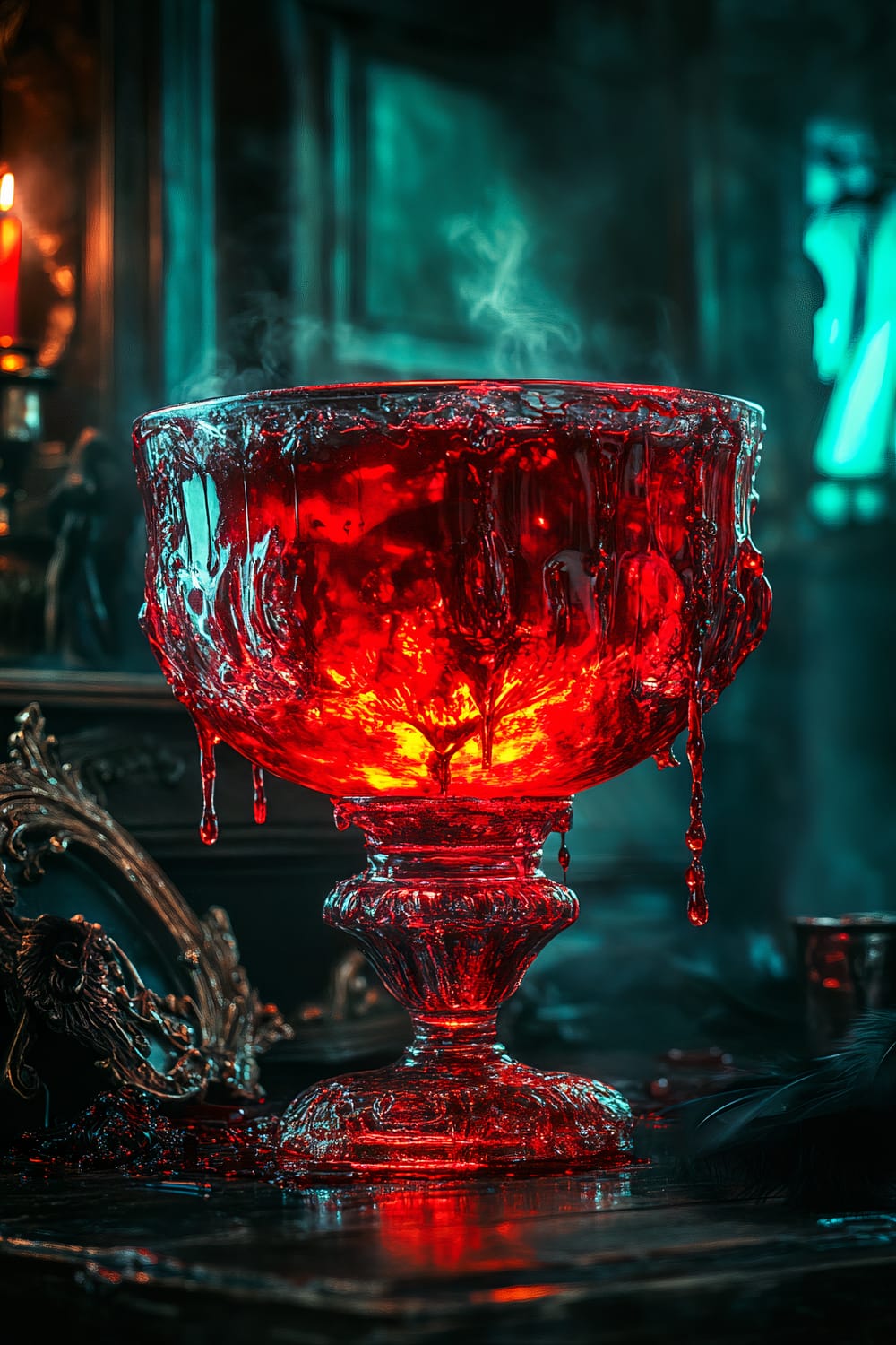 A dramatic close-up of a massive glass goblet filled with thick dark red viscous blood-like substance, standing as the centerpiece on a dark wooden dining table. The goblet is bathed in intense red LED lighting, highlighting the dripping blood and making it the focal point against the room’s ambient poison green lighting. Minimal spooky accessories such as a small ornate mirror and scattered black feathers surround the goblet.