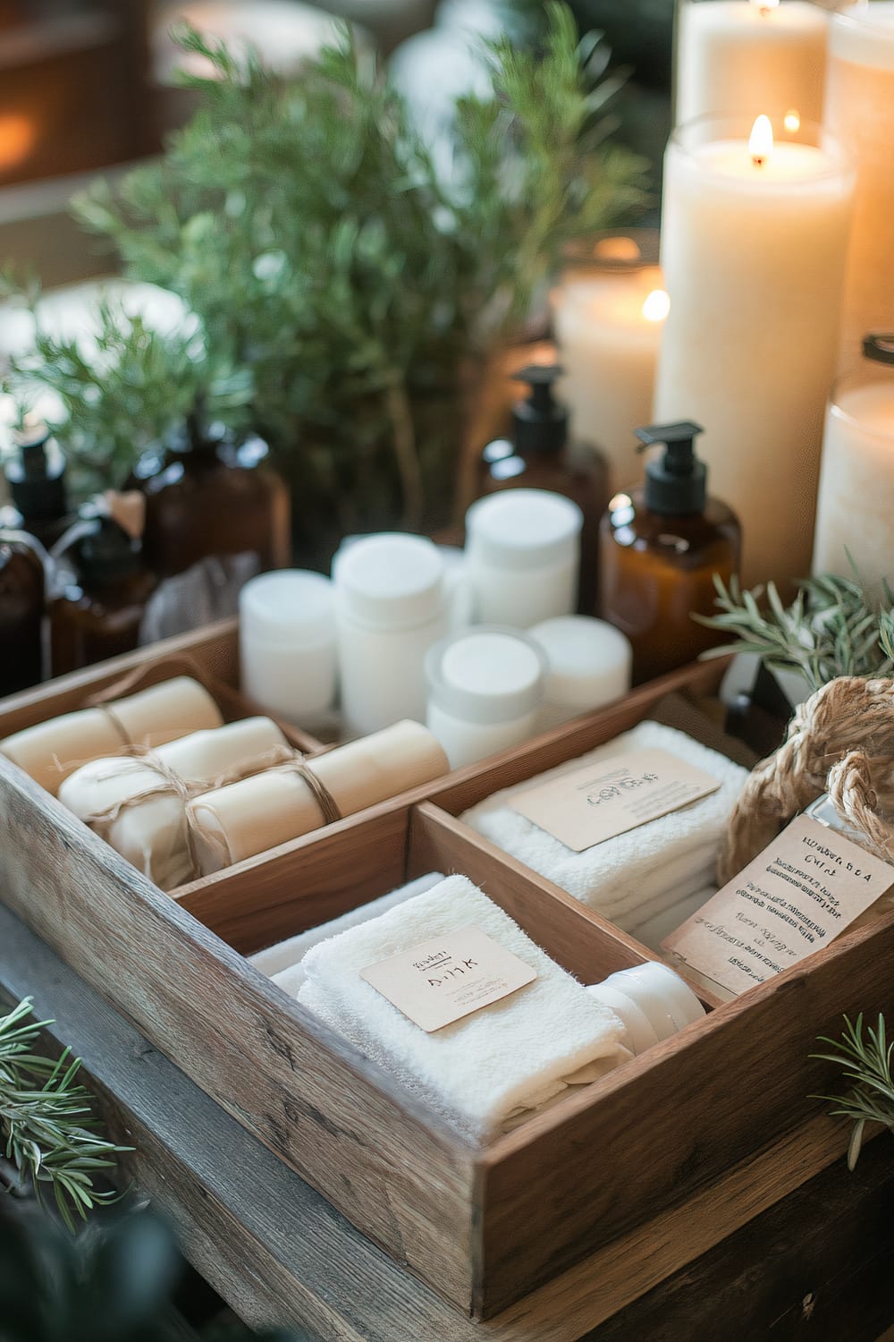 A wooden box containing an array of small toiletries and candles, all meticulously organized. Brown bottles with black pumps, a variety of white containers, and neatly folded towels have labels attached. The scene is accented with green foliage and tall, cream-colored candles, some of which are lit, providing a warm and inviting light.