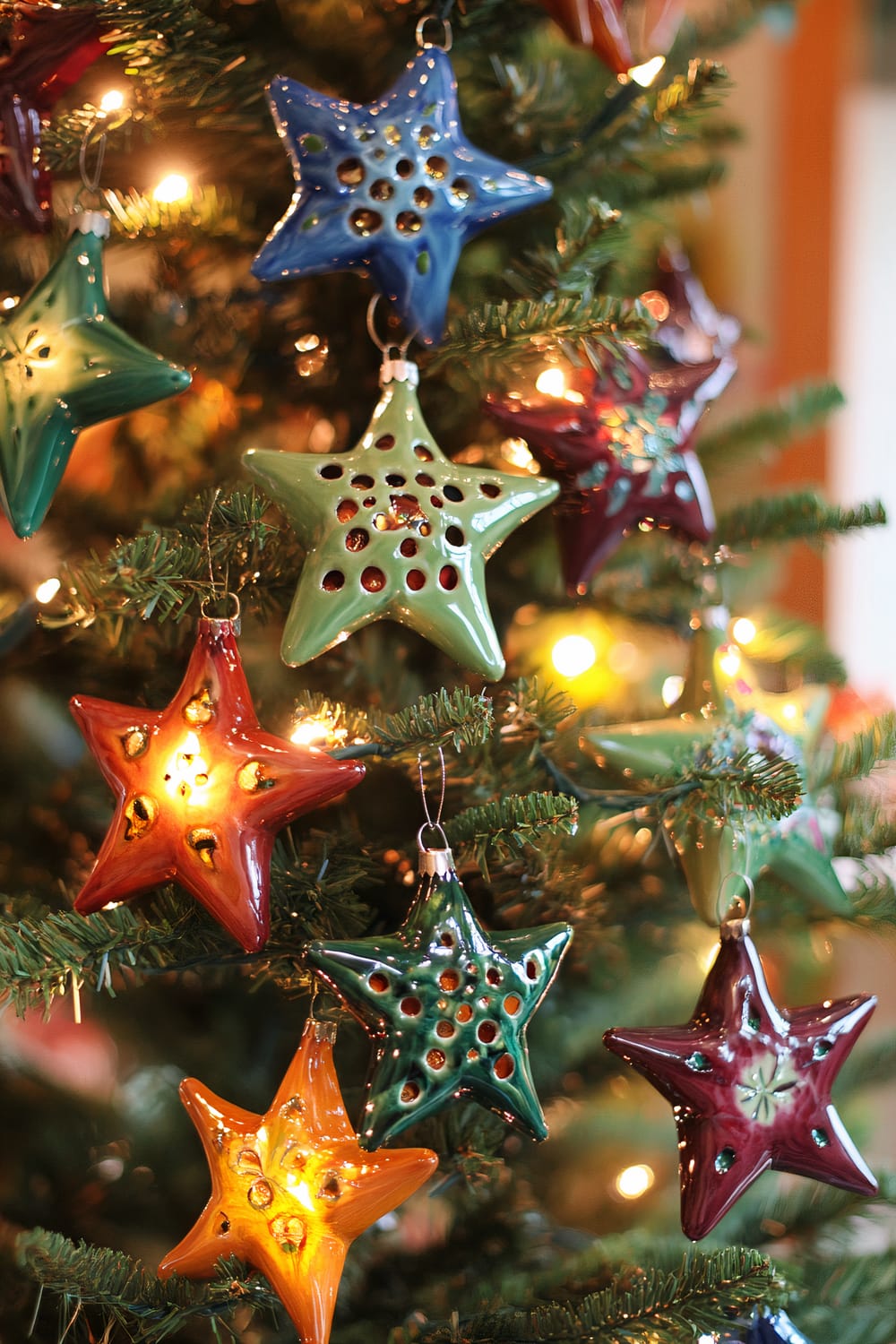 Close-up of a Christmas tree adorned with star-shaped ceramic ornaments in various colors, including blue, green, red, and yellow. The tree is also decorated with tiny, glowing lights, adding a shimmering effect to the scene.