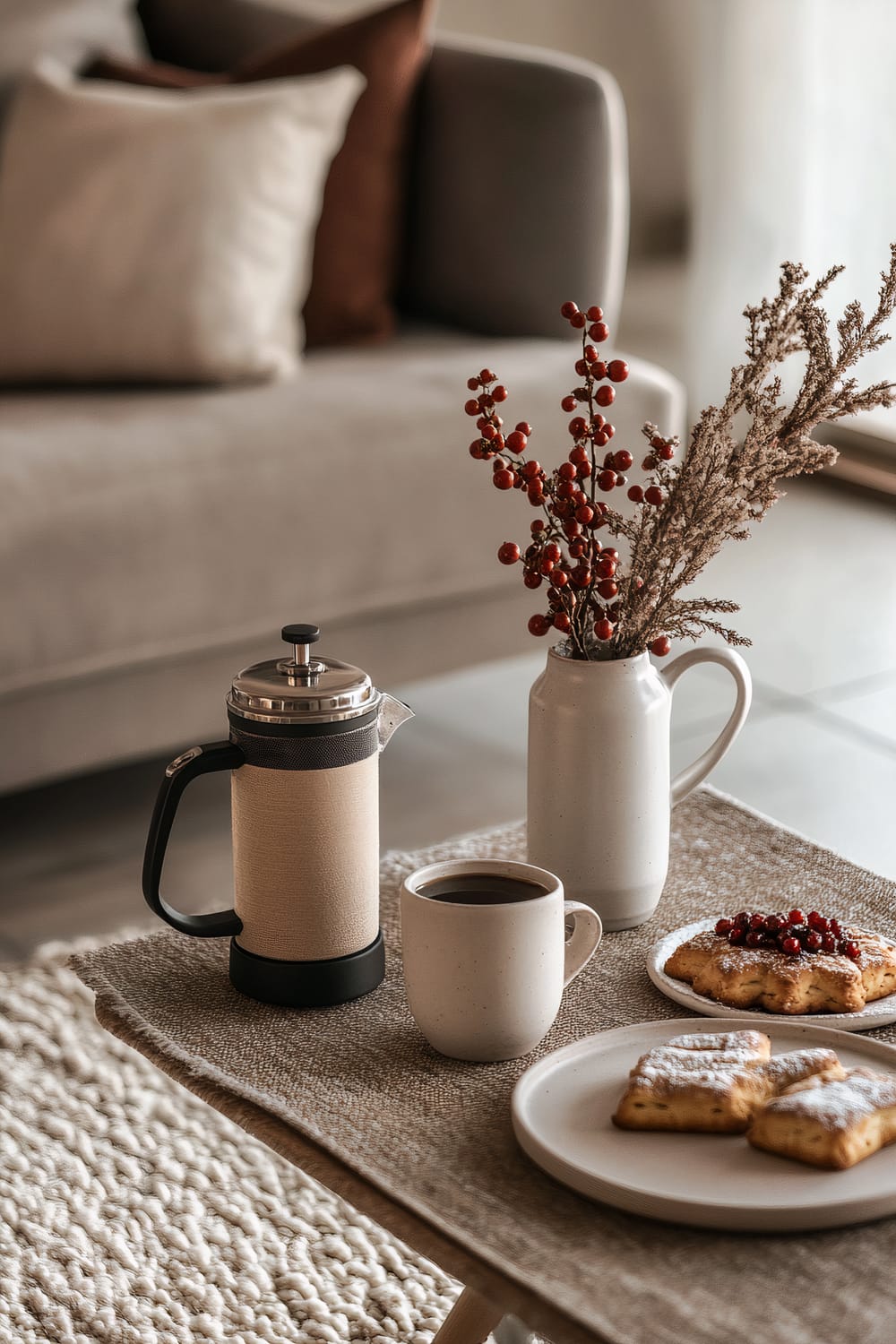 A cozy coffee table setup is presented in a modern living room. A beige French press and a mug of coffee rest on a beige woven table runner atop the wooden table. Beside it, a tall, white ceramic jug holds branches with red berries and dried flowers. In the foreground, plates with pastries garnished with powdered sugar and berries are visible. The background features a plush, light gray couch adorned with white and brown throw pillows. A textured cream-colored rug spreads across the floor, illuminated softly by natural light filtering through sheer curtains.