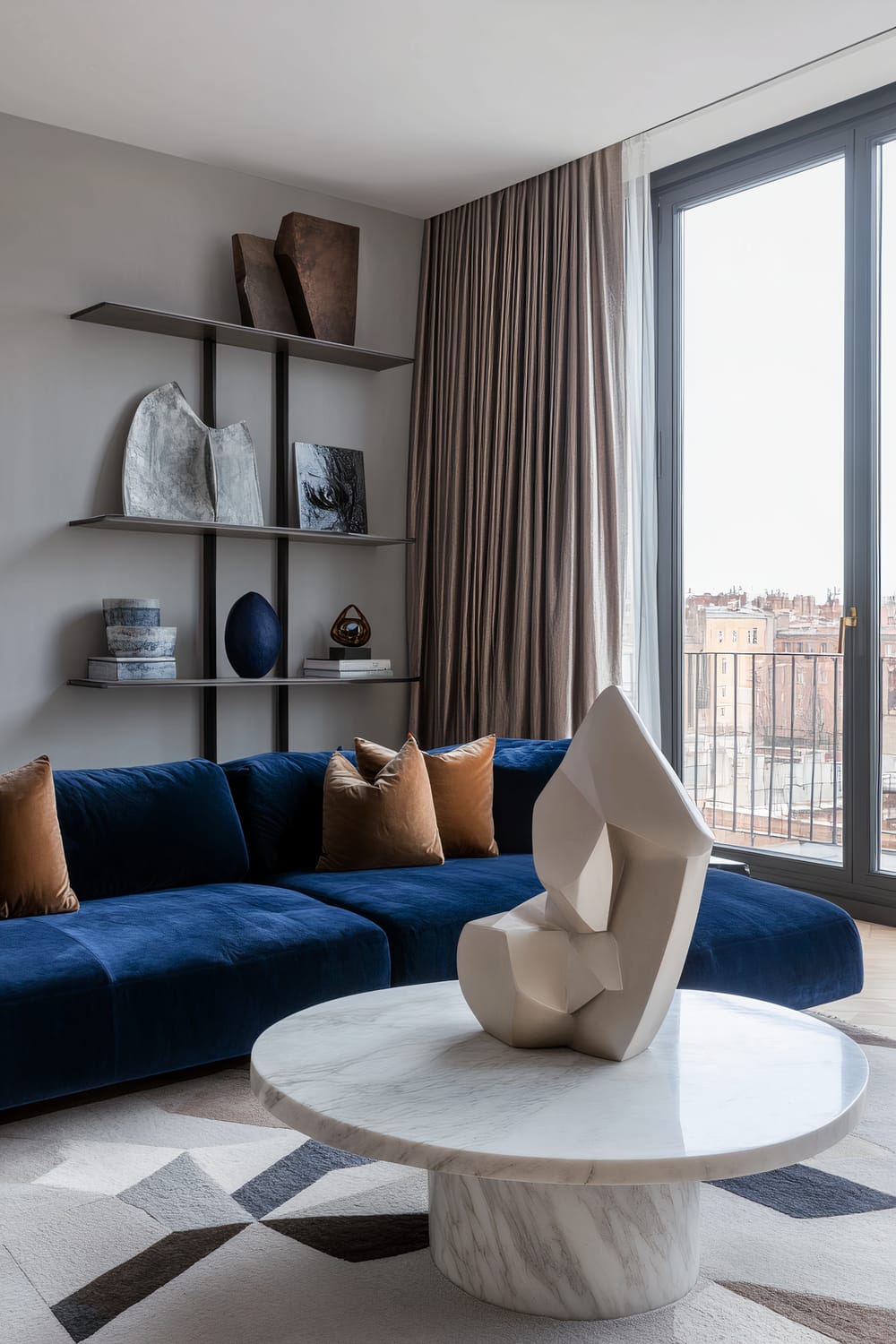 A modern living room with a dark blue velvet sofa, white marble coffee table, light gray walls, and unique abstract sculptures on minimalist shelving.