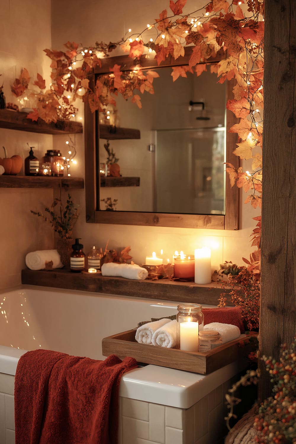 A bathroom decorated with autumn-themed elements, including string lights intertwined with orange and red leaves draped over a large mirror. Shelves on the wall hold small pumpkins, candles, and glass jars. A white bathtub with a red towel is partially visible, and a wooden tray rests on its edge containing rolled white towels and a lit candle.