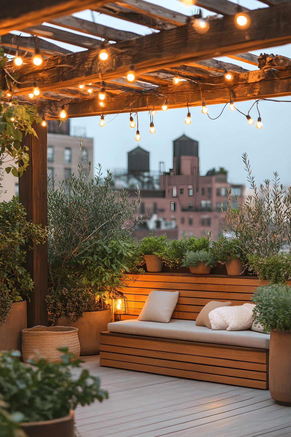 A modern rooftop garden with multiple wooden planters filled with various drought-tolerant green plants, an ambient lighting achieved by Edison bulbs strung overhead, and a comfortable seating area featuring a bench adorned with linen cushions.