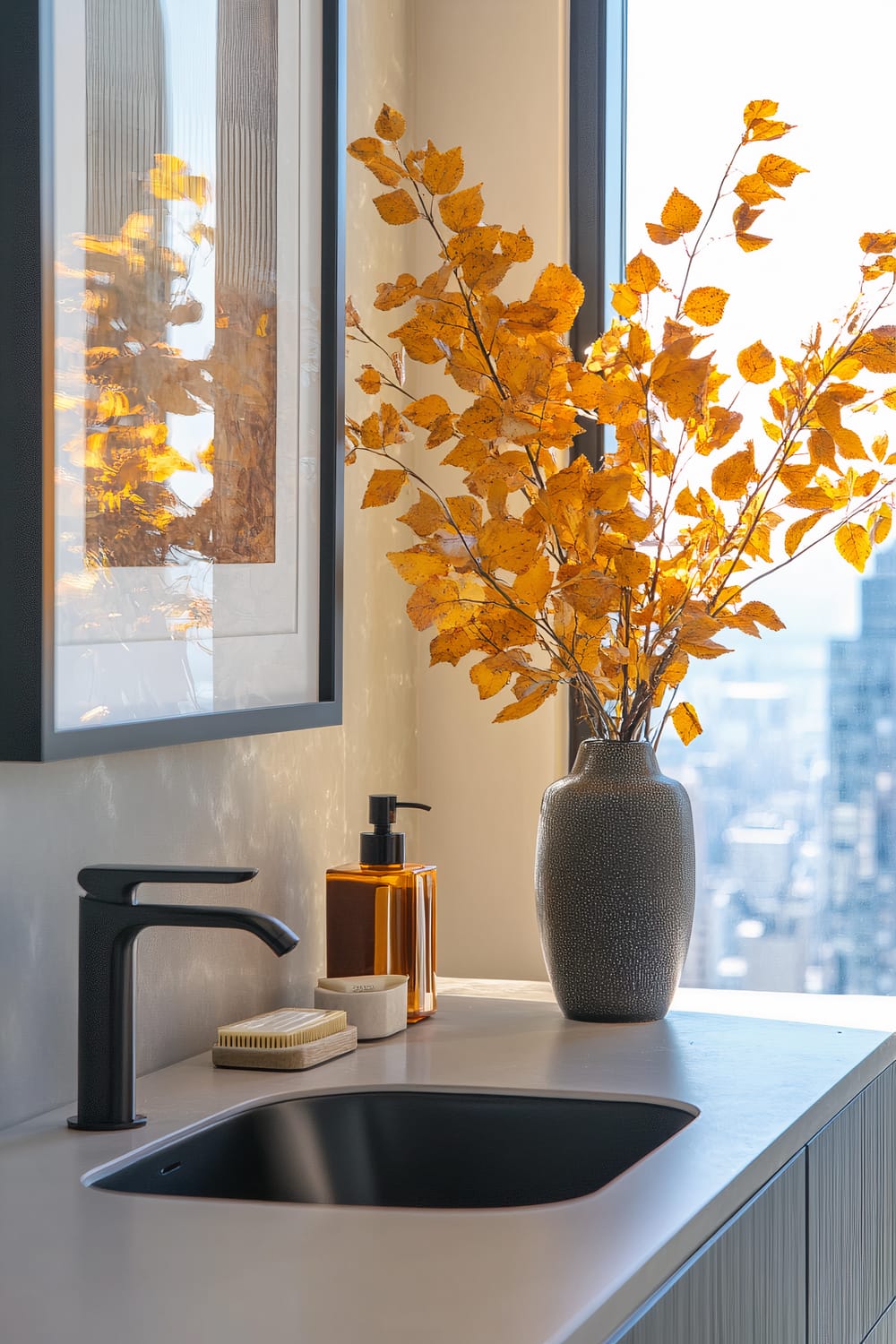 A minimalist bathroom sink area featuring a matte black faucet and a built-in, black undermount sink. On the light gray countertop, there are two beige soaps on a small wooden rack and an amber glass soap dispenser. An elegant textured black vase holding a branch with vibrant orange-yellow autumn leaves stands next to the window. A framed abstract artwork hangs on the wall, partially reflecting the leaves.