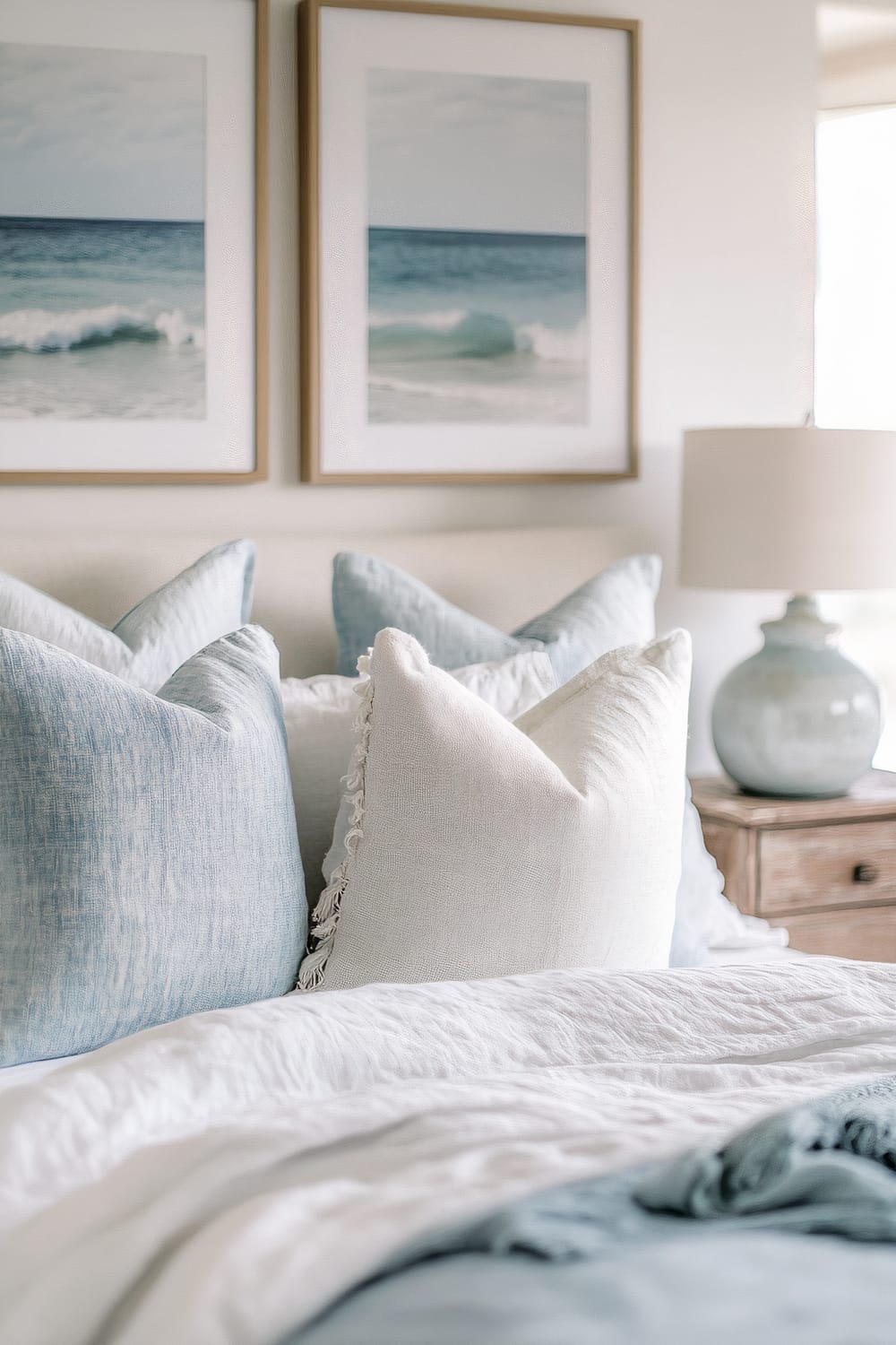 A serene bedroom with a coastal aesthetic. The bed is adorned with a combination of white and light blue pillows, draped with soft, white bedding. Above the bed, there are two framed pictures showing ocean waves. To the right, a nightstand with a textured ceramic lamp complements the room’s calming color palette.