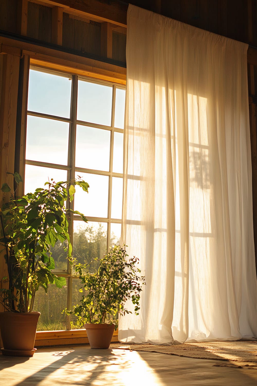 A serene loft interior with a large open window framed by sheer white curtains. Two potted green plants sit on the windowsill, bathed in soft natural sunlight streaming in. The scene is uncluttered and peaceful, with bold warm colors and strong lighting.