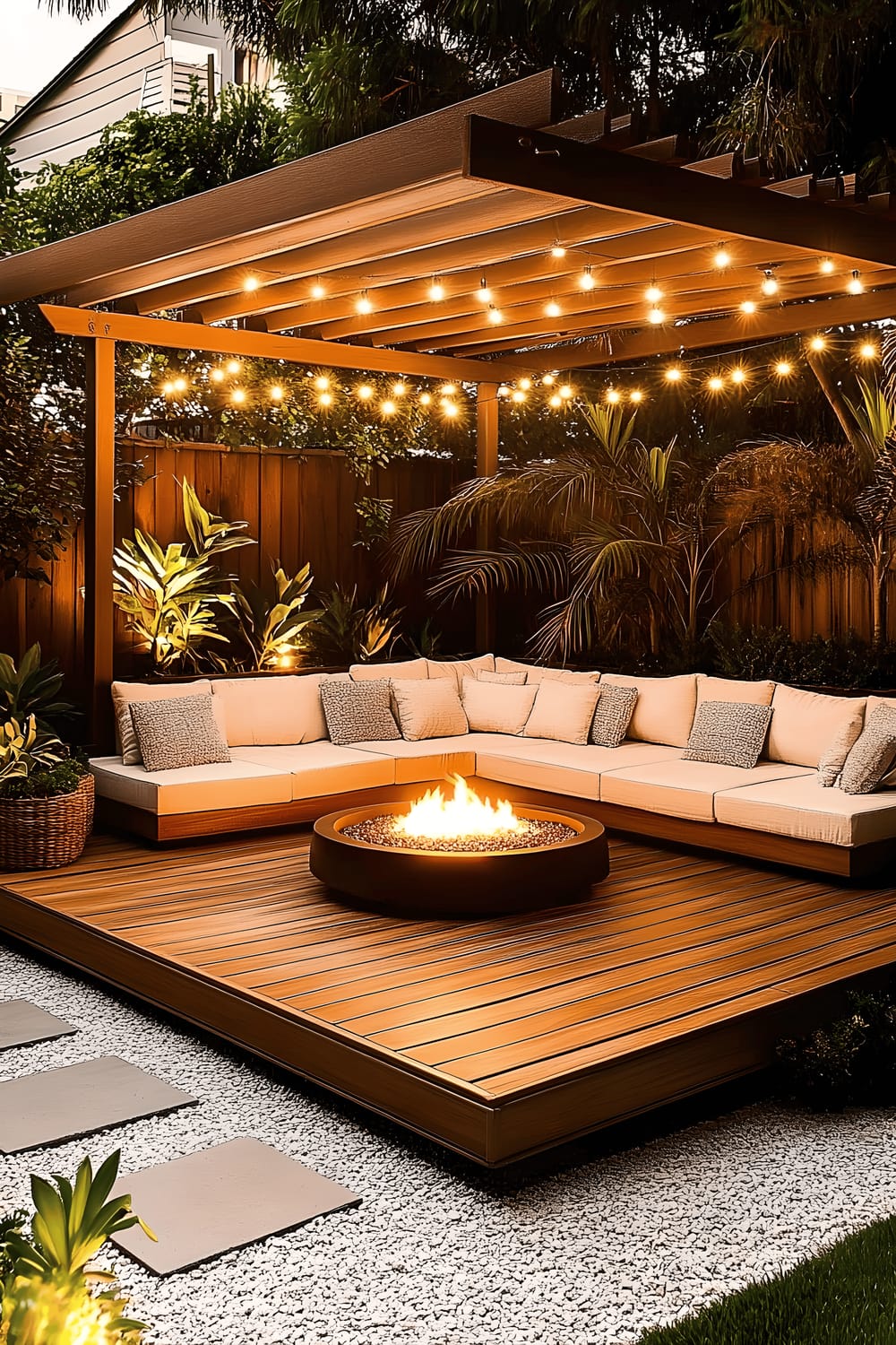 A serene outdoor lounge setting with a modern fire pit at the center of a raised wooden platform. An L-shaped sectional sofa with white cushions and textured pillows is arranged around the fire pit. Overhead, a pergola adorned with warm string lights creates a soft glow. The area is enclosed with a wooden fence and surrounded by lush greenery. Illuminated stepping stones set in gravel lead to the seating area.