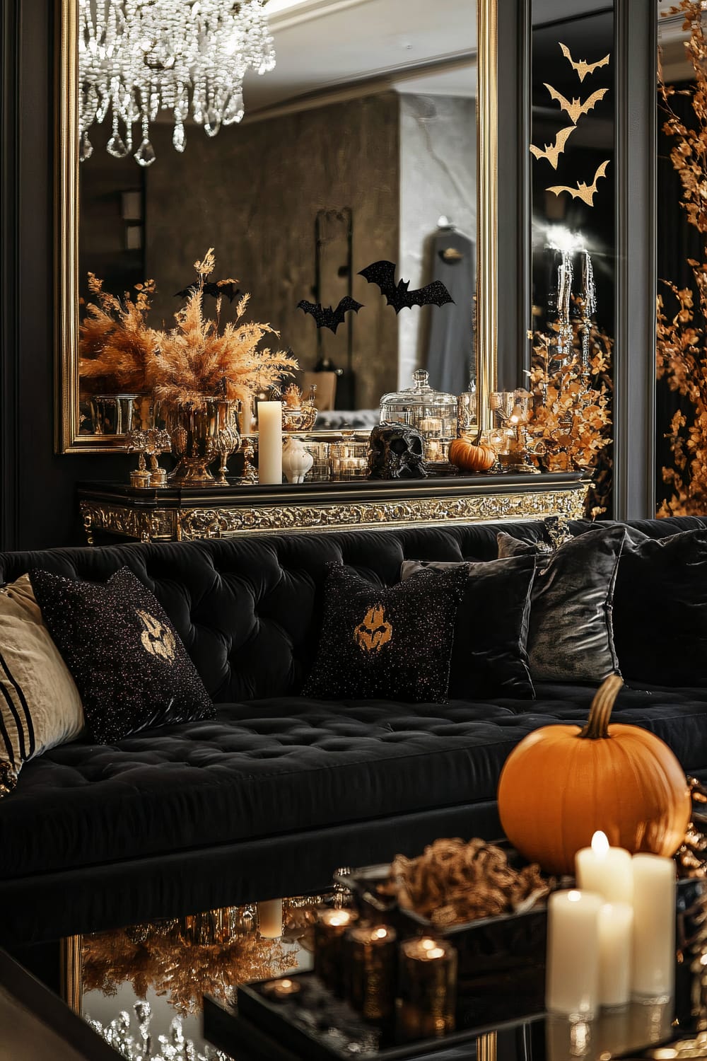 An elegant living room decorated for Halloween. A luxurious black velvet sofa is adorned with black sequin pillows featuring gold designs. The centerpiece is a glass-top coffee table with white candles and an orange pumpkin. A large, ornate gold mirror sits above a vintage-style chest of drawers with detailed carvings, decorated with vases of dried oat grass, candles, a black skull, and more pumpkins. Floating black bat decals add a spooky touch.