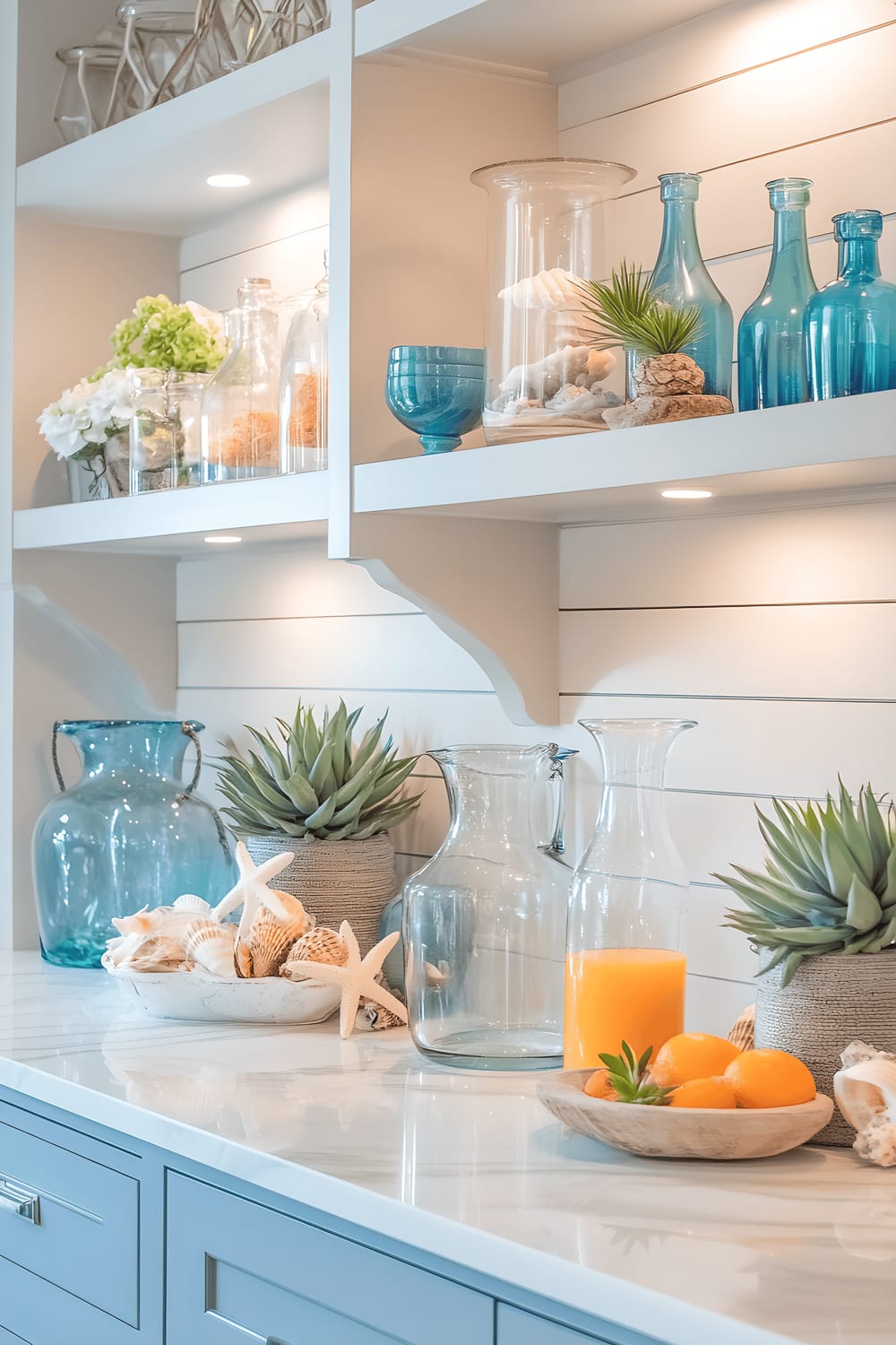 A bright, coastal-themed kitchen corner featuring a white marble countertop set up with a mimosa bar. Glass pitchers filled with orange juice and champagne are present along with blue and turquoise glassware neatly arranged on open wooden shelves. Scattered among the shelves are seashells and starfish intertwined with potted succulents housed in glass terrariums.