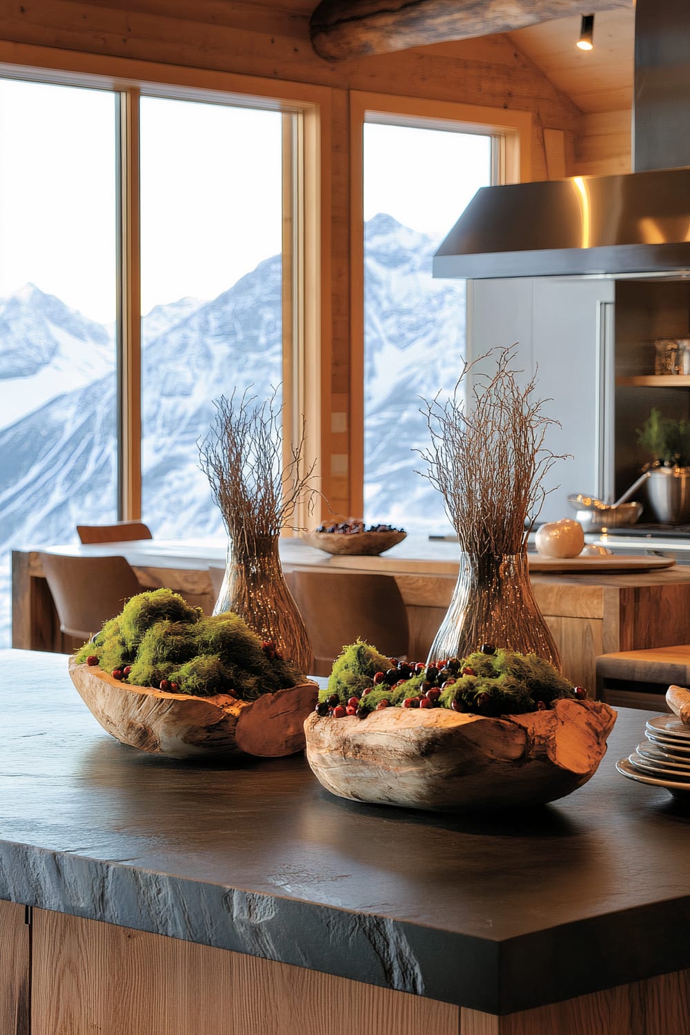 An elegant kitchen with a large stone countertop decorated with wooden bowls filled with moss and berries, and glass vases containing thin branches. The background features large windows with stunning views of snow-covered mountains.