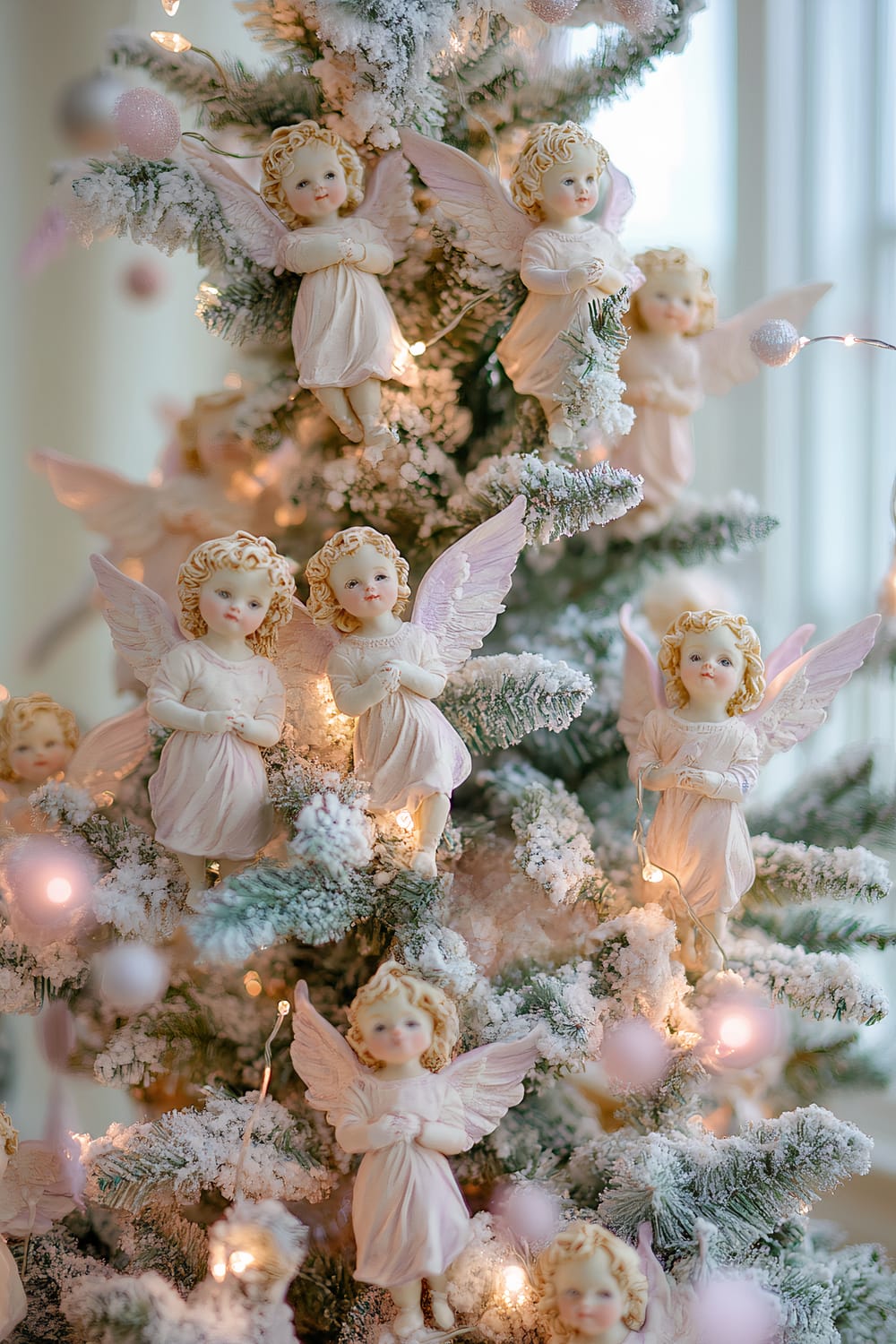 A Christmas tree adorned with angel figurines dressed in white and pink garments. The tree branches are frosted, with pink and white ornaments and lights adding to the festive ambiance.