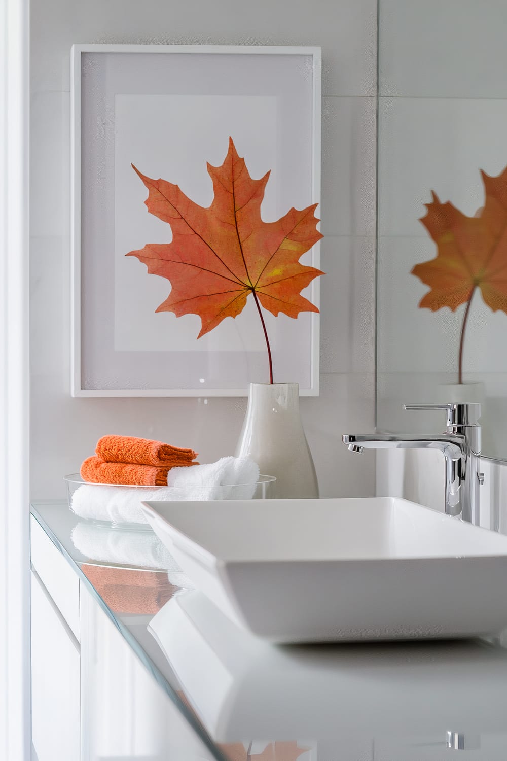 A modern bathroom countertop with a rectangular white sink and a sleek, chrome faucet. To the left, a tray holds neatly folded white and orange towels. Behind the sink is a white vase containing a large, pressed autumnal maple leaf. The arrangement is reflected in a wall mirror, adding depth to the minimalist and clean design.