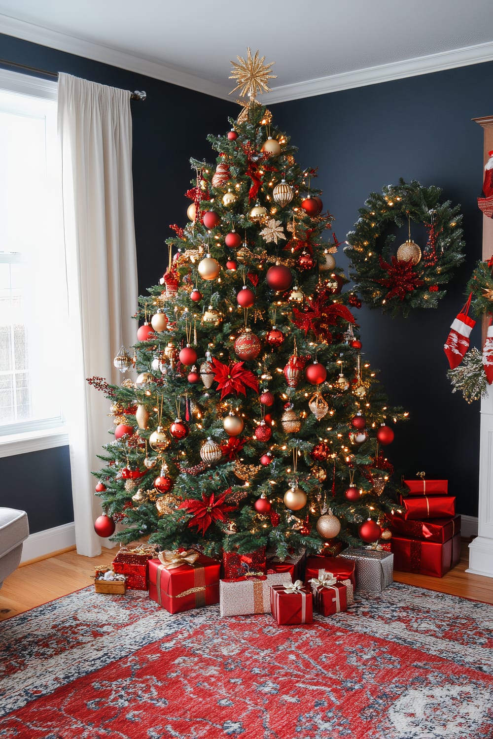 A lavishly decorated Christmas tree, set against a deep navy blue wall, garnished with red and gold ornaments, red bows, and poinsettia flowers. A golden star tops the tree. The base is surrounded by neatly wrapped presents in red and gold. Nearby, a wreath adorned with similar decorations hangs on the wall, and stockings hang from the mantle.