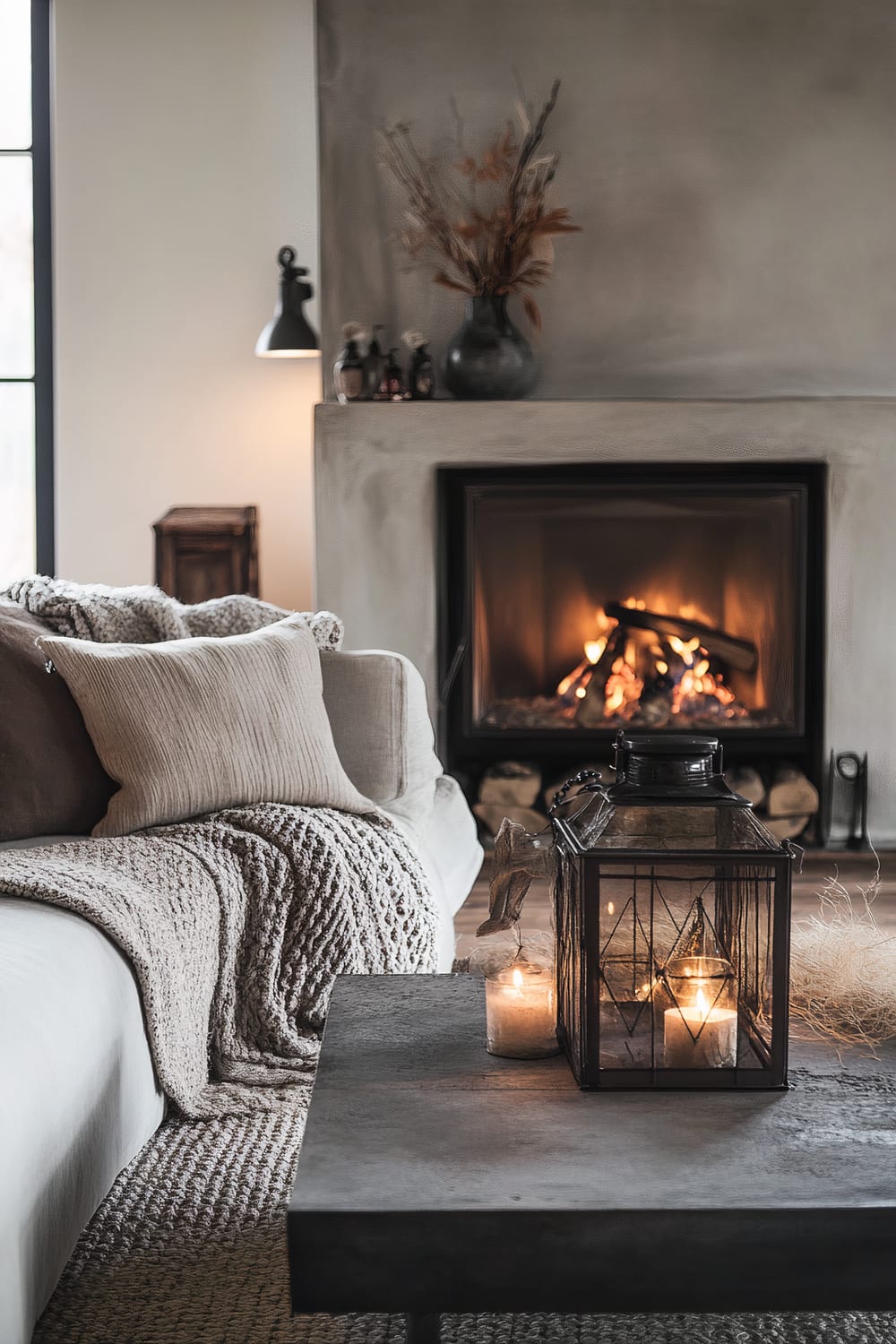 A tranquil living room scene featuring a warm and inviting fireplace, with flames softly flickering. In front of the fireplace, a gray stone hearth holds a vase with dried foliage. To the left, a comfortable sofa is adorned with neutral-toned pillows and a textured, knitted throw blanket. A minimalist, dark coffee table in the foreground displays a large, rustic lantern holding multiple lit candles, adding to the room's warm ambiance. The blend of soft textiles, natural elements, and muted colors creates a serene and sophisticated atmosphere.