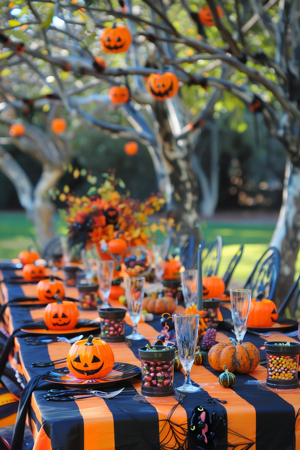 Outdoor Halloween-themed dining setup with a long table adorned in a black and orange tablecloth. The table is decorated with jack-o'-lanterns, spooky figurines, candy containers, and colorful autumn flowers. Crystal clear glasses are arranged on the table. In the background, trees are decorated with hanging jack-o'-lantern ornaments.