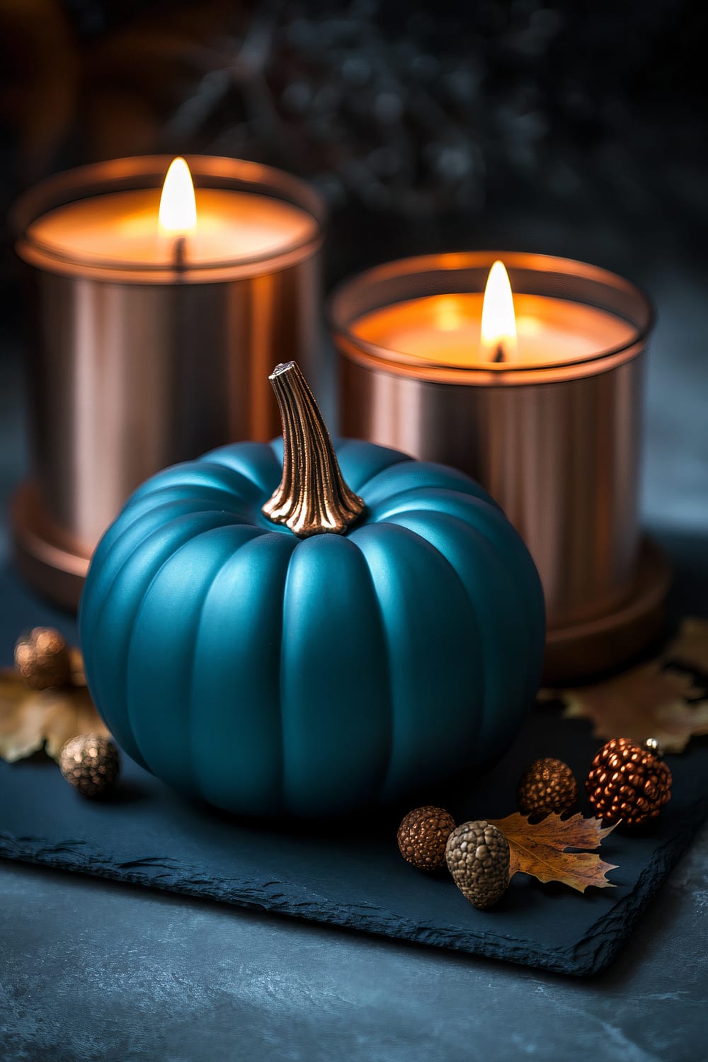 An arrangement featuring a matte teal pumpkin with a metallic gold stem, placed on a dark slate base. Surrounding the pumpkin are copper candle holders with lit candles, golden acorns, and autumn leaves. The scene is accentuated by soft, warm lighting, highlighting the rich and contrasting colors.