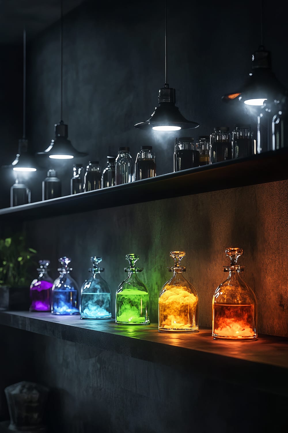 A modern loft with a minimalist dark decor featuring a shelf displaying various glass containers filled with colorful and glowing potions. Dramatic spotlights are illuminating the vibrant colors of the potions, creating a sophisticated and eerie Halloween atmosphere. The glass bottles on the lower shelf contain purple, blue, green, yellow, and orange glowing liquids, while the upper shelf holds additional clear bottles under softer lighting.