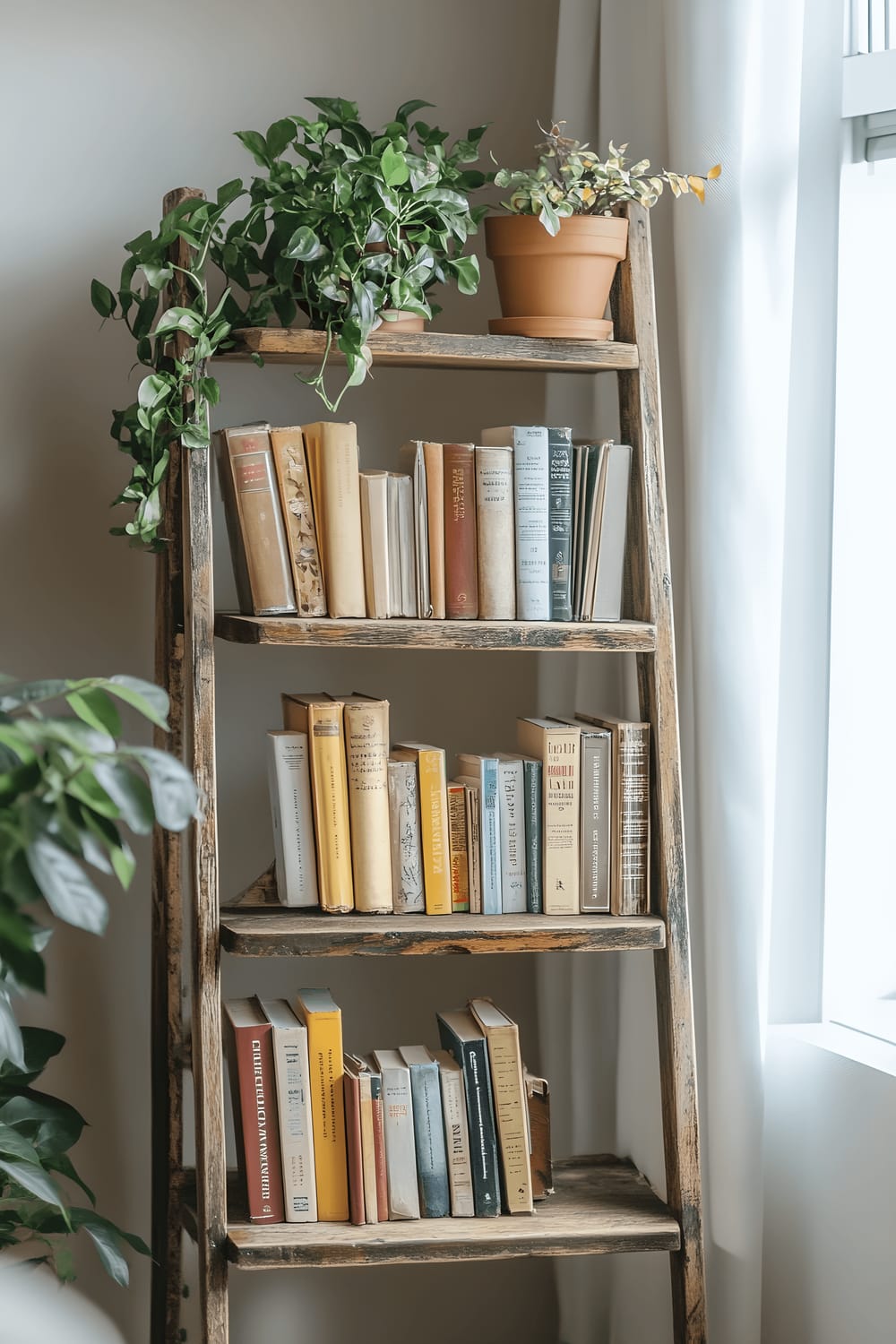 A close-up view of a corner in a living room where an old wooden ladder has been repurposed into a bookshelf. The ladder is filled with vintage books and decorated with small green potted plants. The soft daylight from a nearby window illuminates the area, emphasising the textured surfaces.