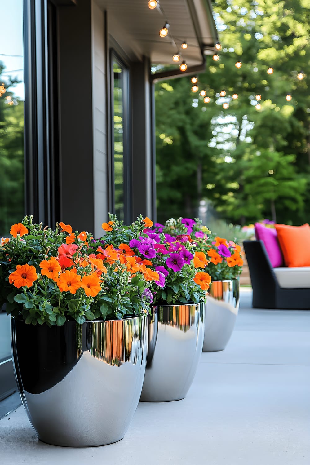 A stylish outdoor patio with symmetrically arranged chrome and black metallic planters holding vibrant Geraniums, Petunias, and Marigolds. Minimalist outdoor furniture with colorful cushions complements the sleek concrete floor. Strung overhead lights add a warm evening glow emphasizing the flower colors.