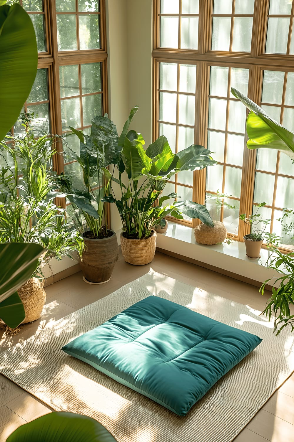 An elevated view of a serene meditation room featuring a bold, turquoise floor cushion laid on natural bamboo flooring, large indoor plants adding a touch of green, and an abundance of soft daylight illuminating the space through large windows.